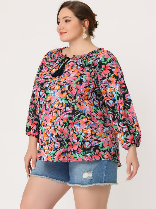 Women's Casual Plus Size Boho Floral Loose Tops Tie 3/4 Sleeve Beach Tunic Blouse