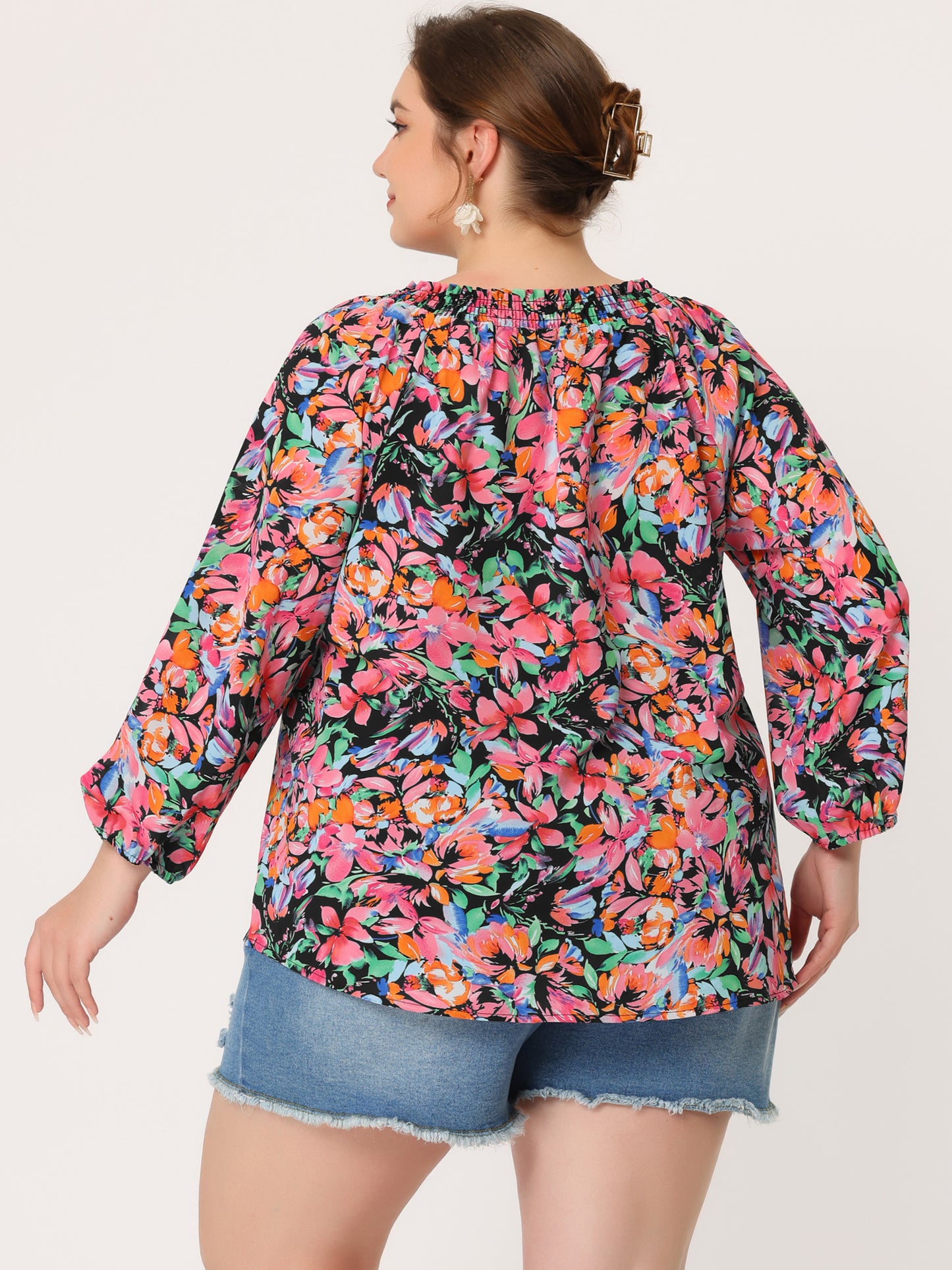 Women's Casual Plus Size Boho Floral Loose Tops Tie 3/4 Sleeve Beach Tunic Blouse