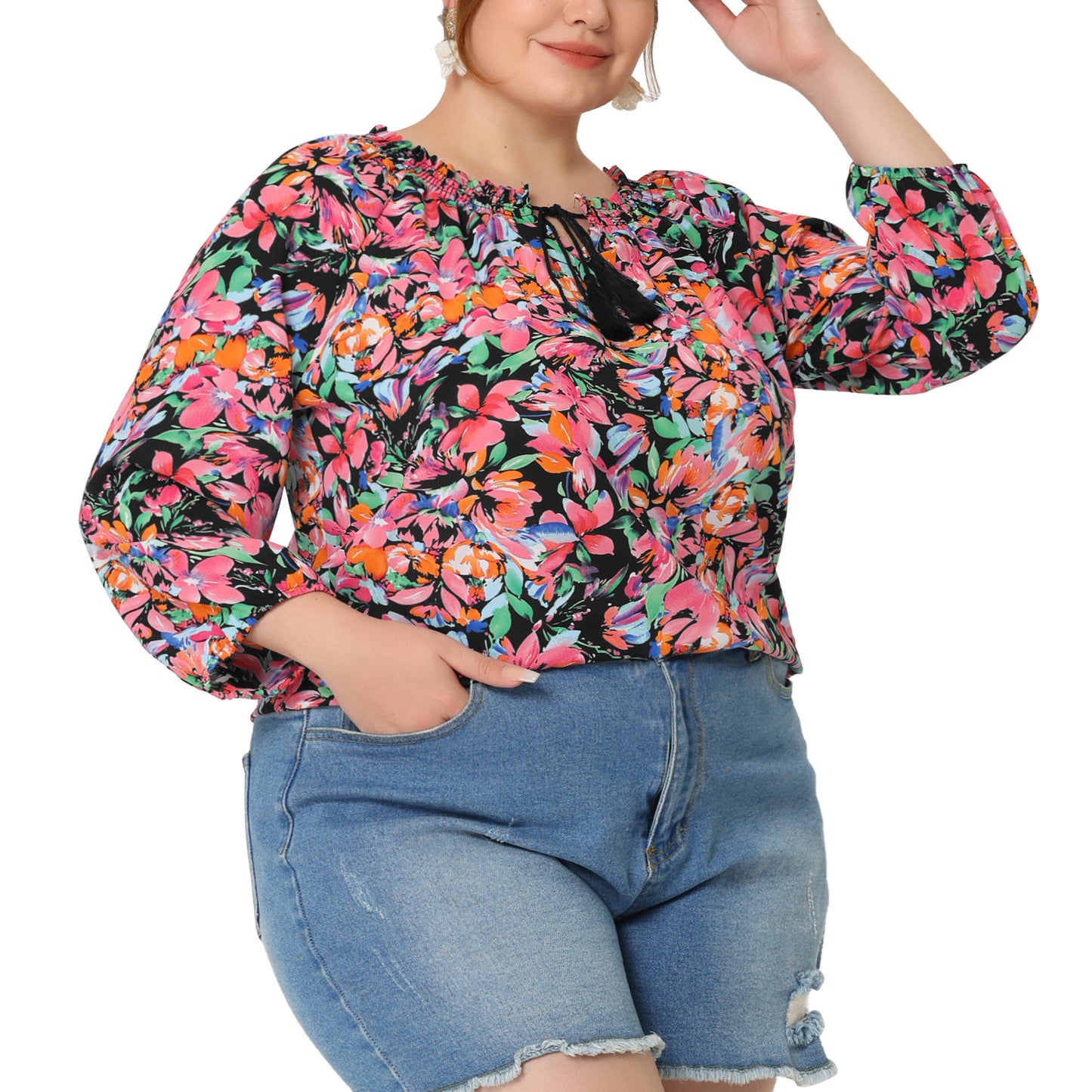 Women's Casual Plus Size Boho Floral Loose Tops Tie 3/4 Sleeve Beach Tunic Blouse