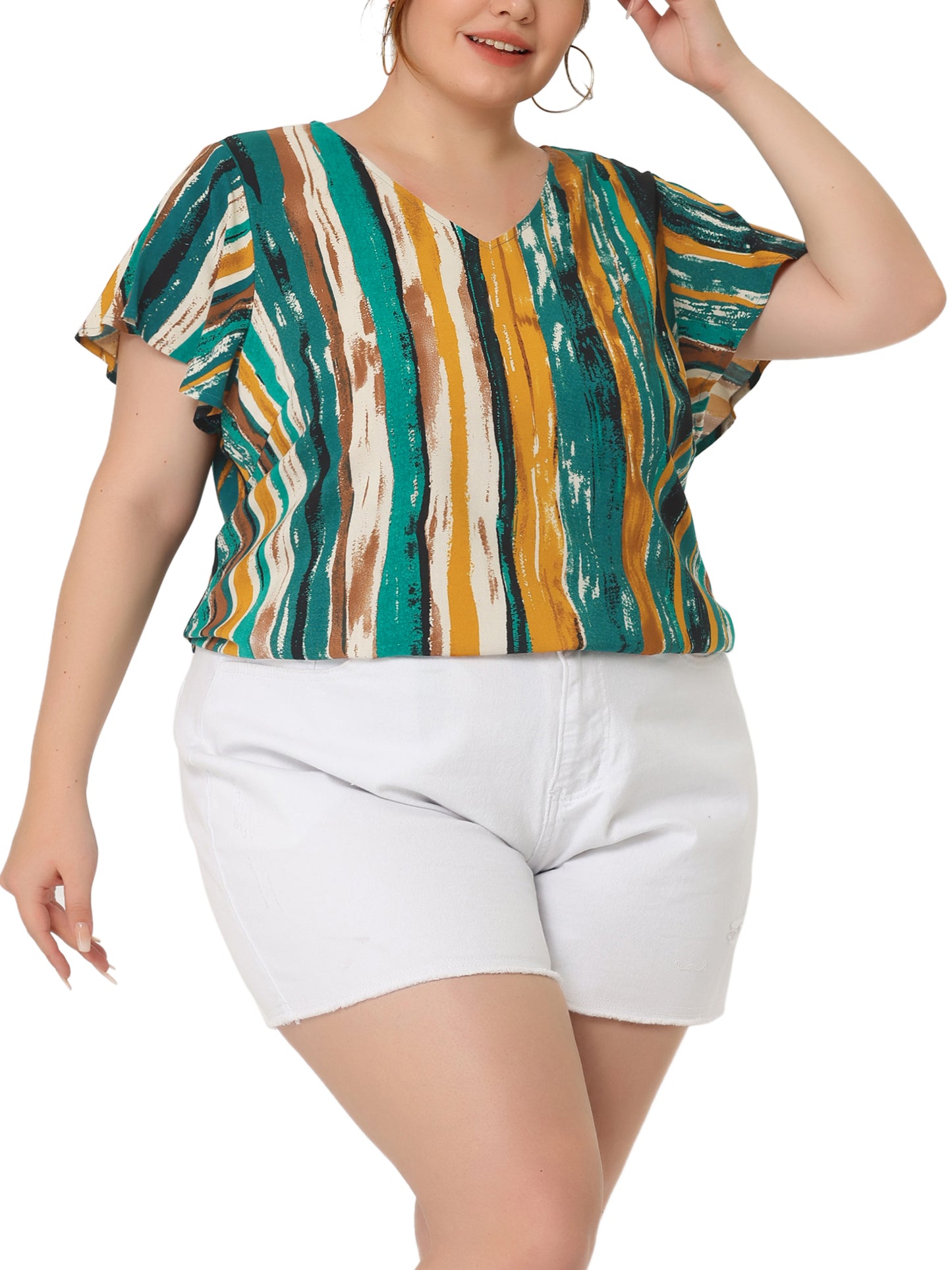 Women Plus Size Top Summer Short Sleeve V Neck Stripe Print Casual Blouse
