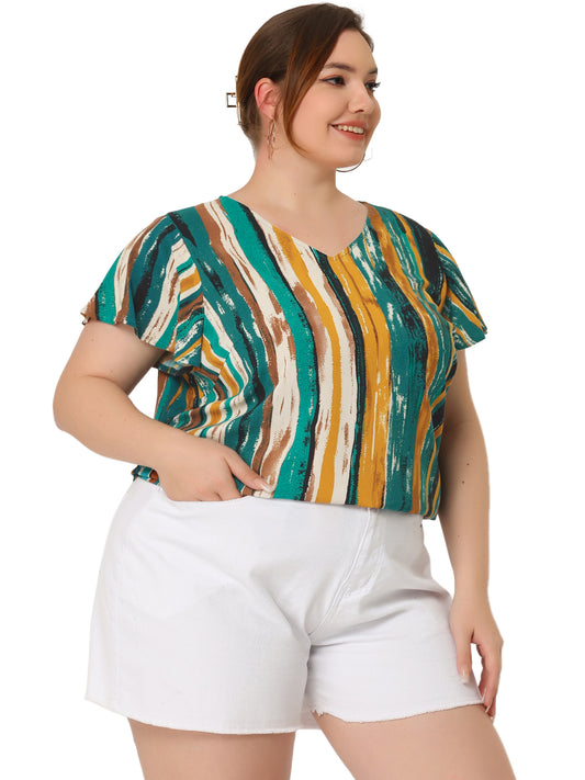Women Plus Size Top Summer Short Sleeve V Neck Stripe Print Casual Blouse