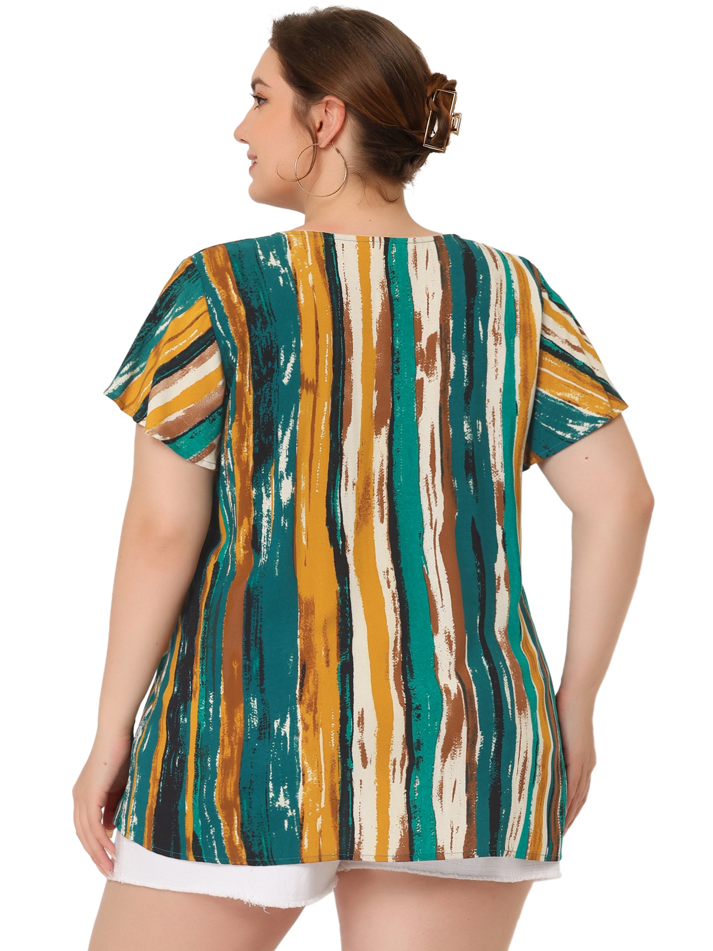 Women Plus Size Top Summer Short Sleeve V Neck Stripe Print Casual Blouse