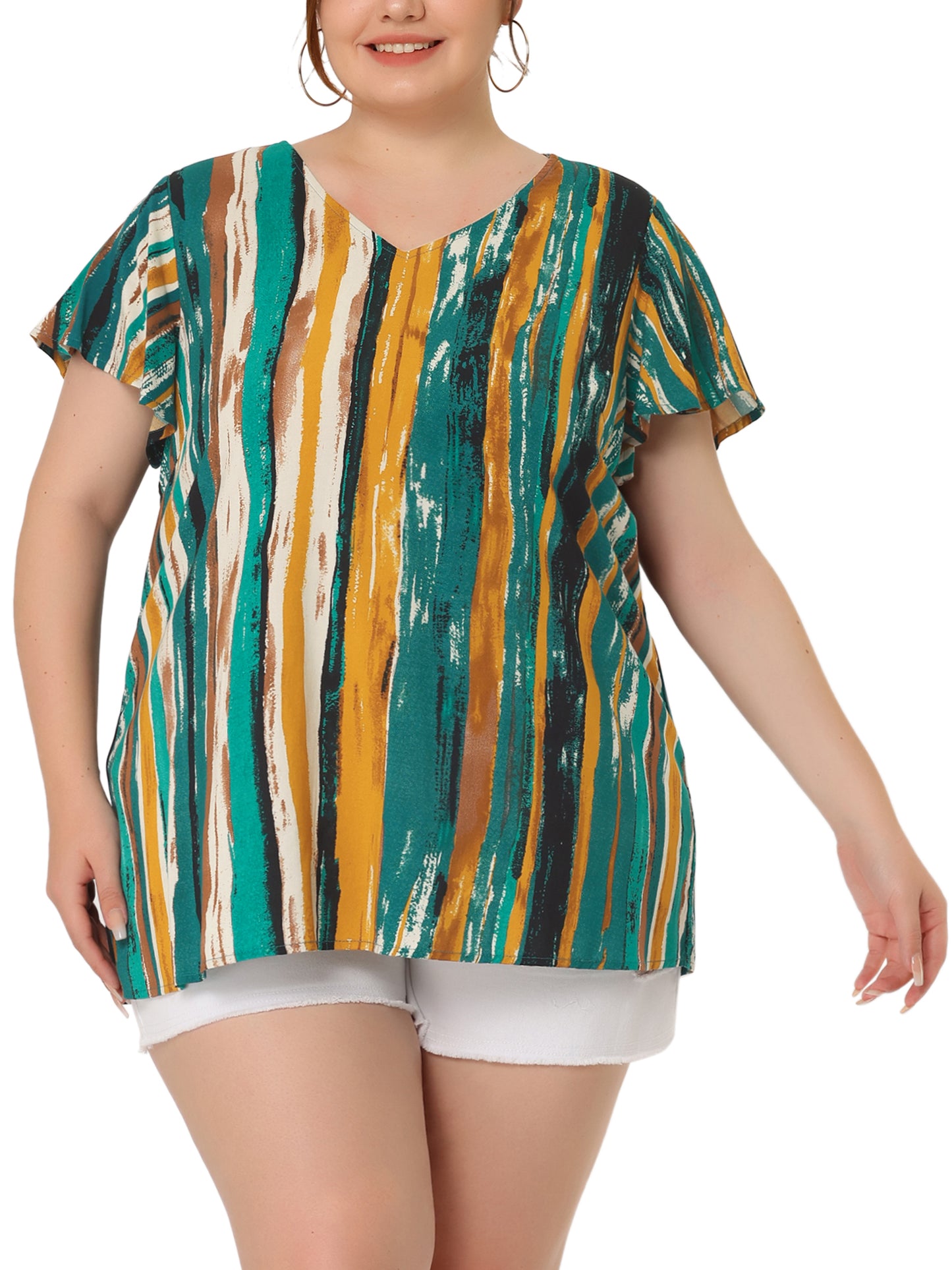 Women Plus Size Top Summer Short Sleeve V Neck Stripe Print Casual Blouse