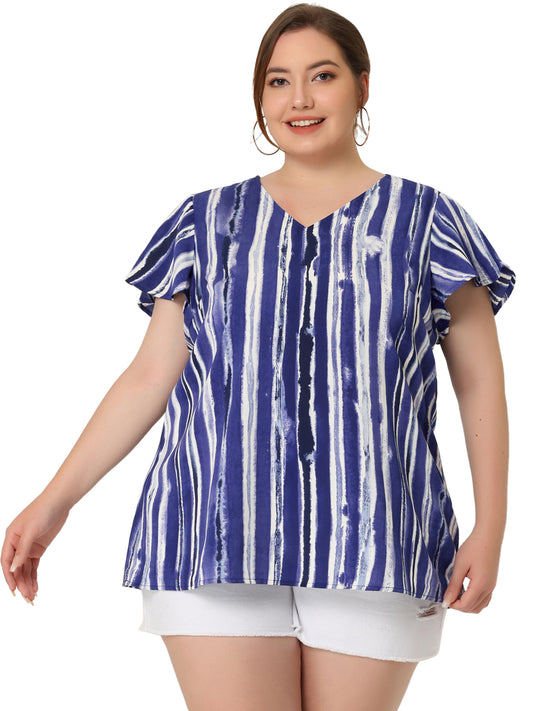 Women Plus Size Top Summer Short Sleeve V Neck Stripe Print Casual Blouse