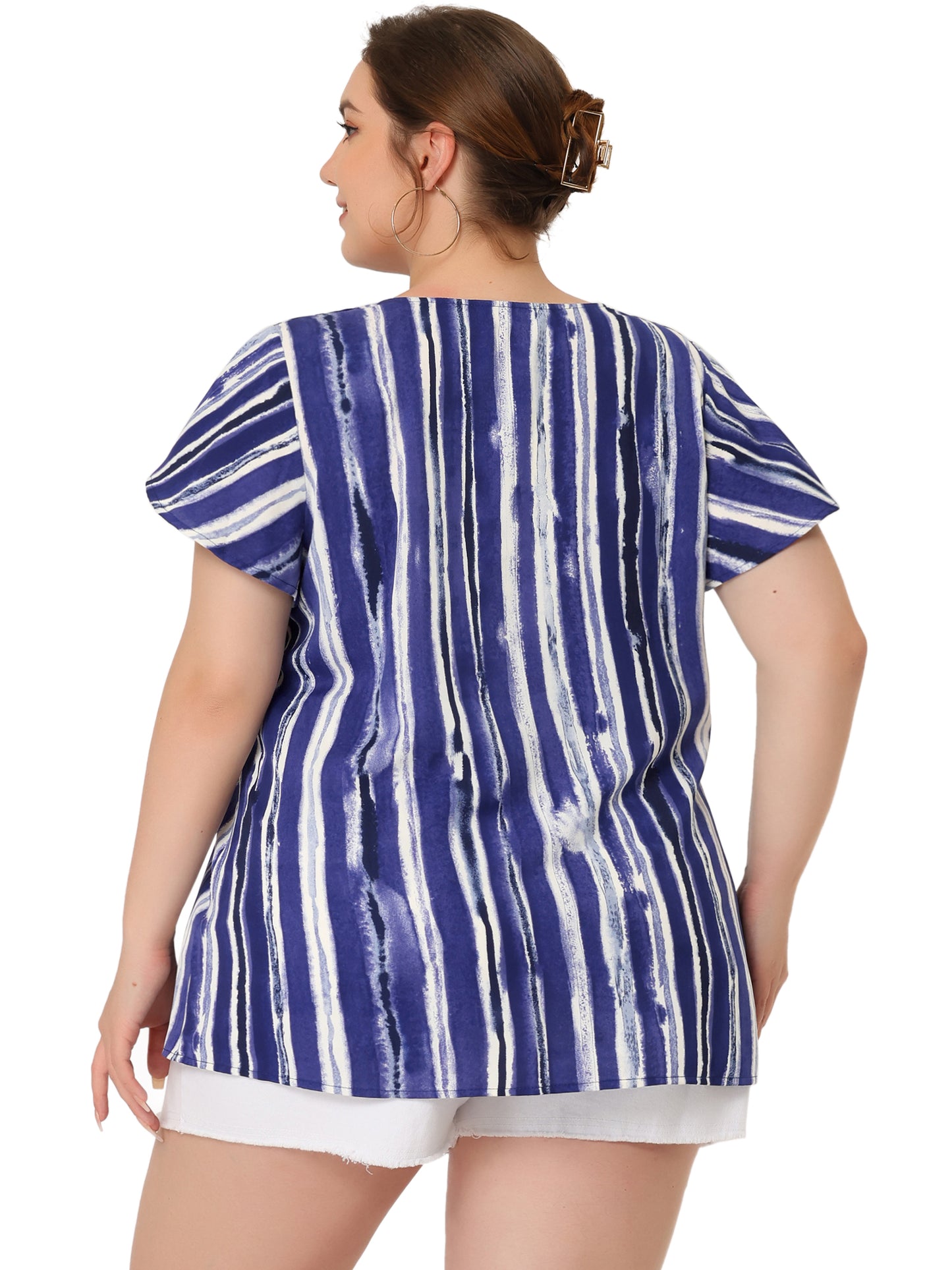 Blusa informal de verano con estampado de rayas y cuello en V y manga corta para mujer, talla grande
