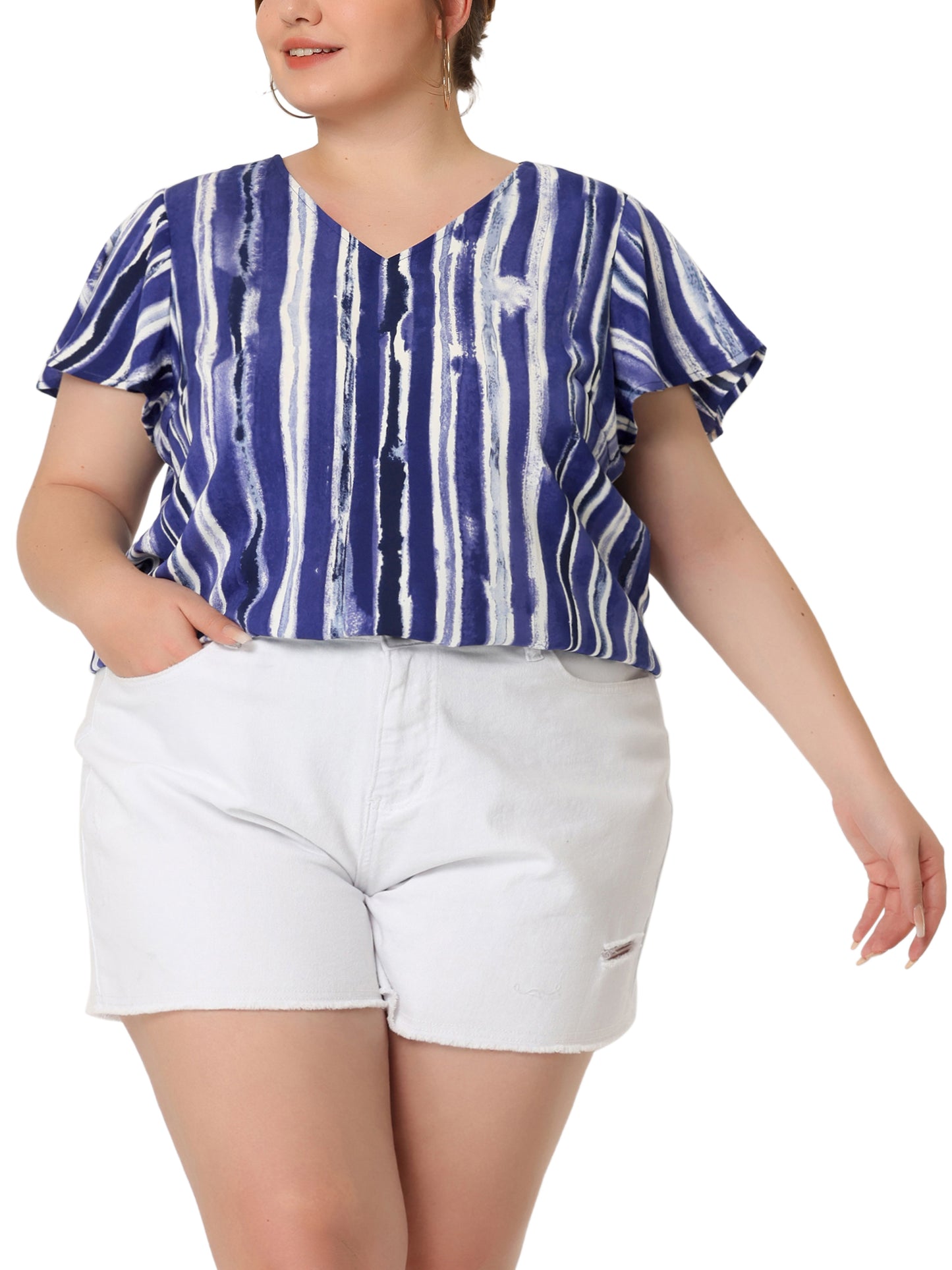Women Plus Size Top Summer Short Sleeve V Neck Stripe Print Casual Blouse