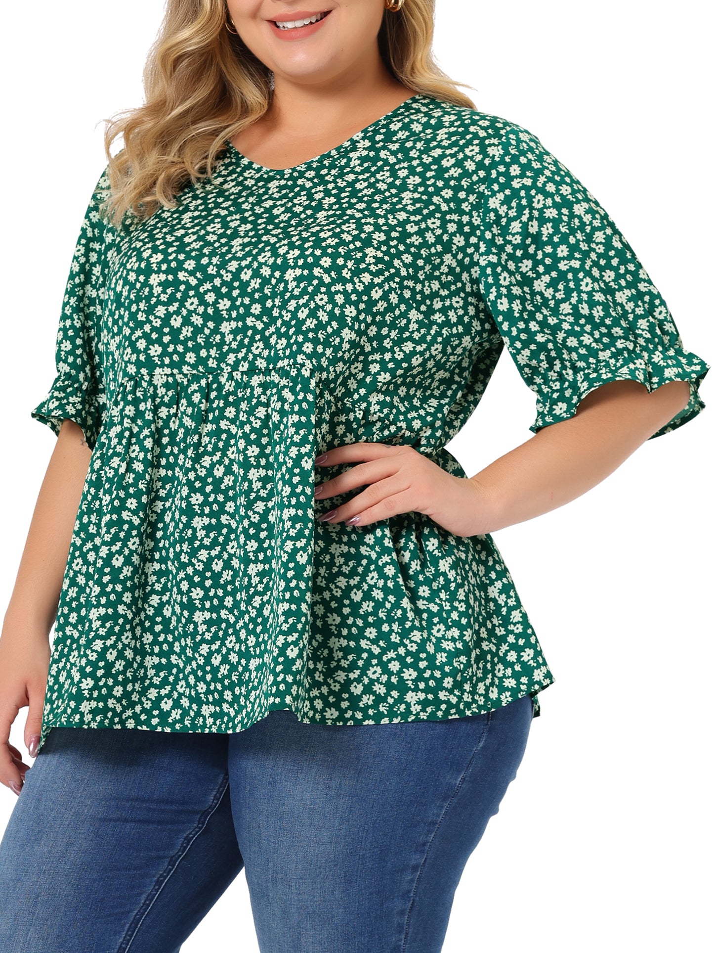 Women's Plus Size Top V Neck Floral Print Ruffle Short Sleeve Tiered Babydoll Blouse
