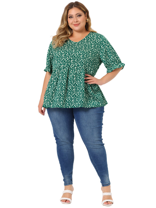 Women's Plus Size Top V Neck Floral Print Ruffle Short Sleeve Tiered Babydoll Blouse