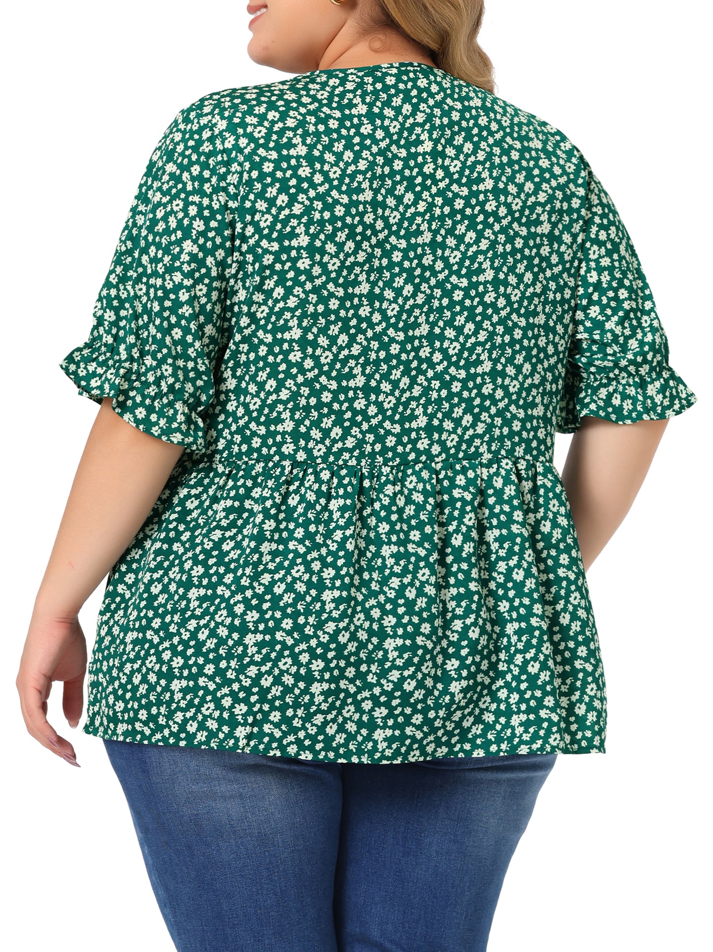 Women's Plus Size Top V Neck Floral Print Ruffle Short Sleeve Tiered Babydoll Blouse