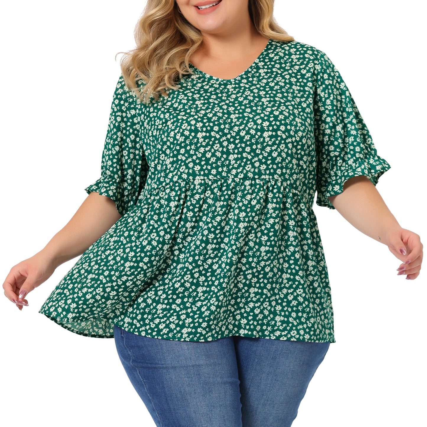 Women's Plus Size Top V Neck Floral Print Ruffle Short Sleeve Tiered Babydoll Blouse