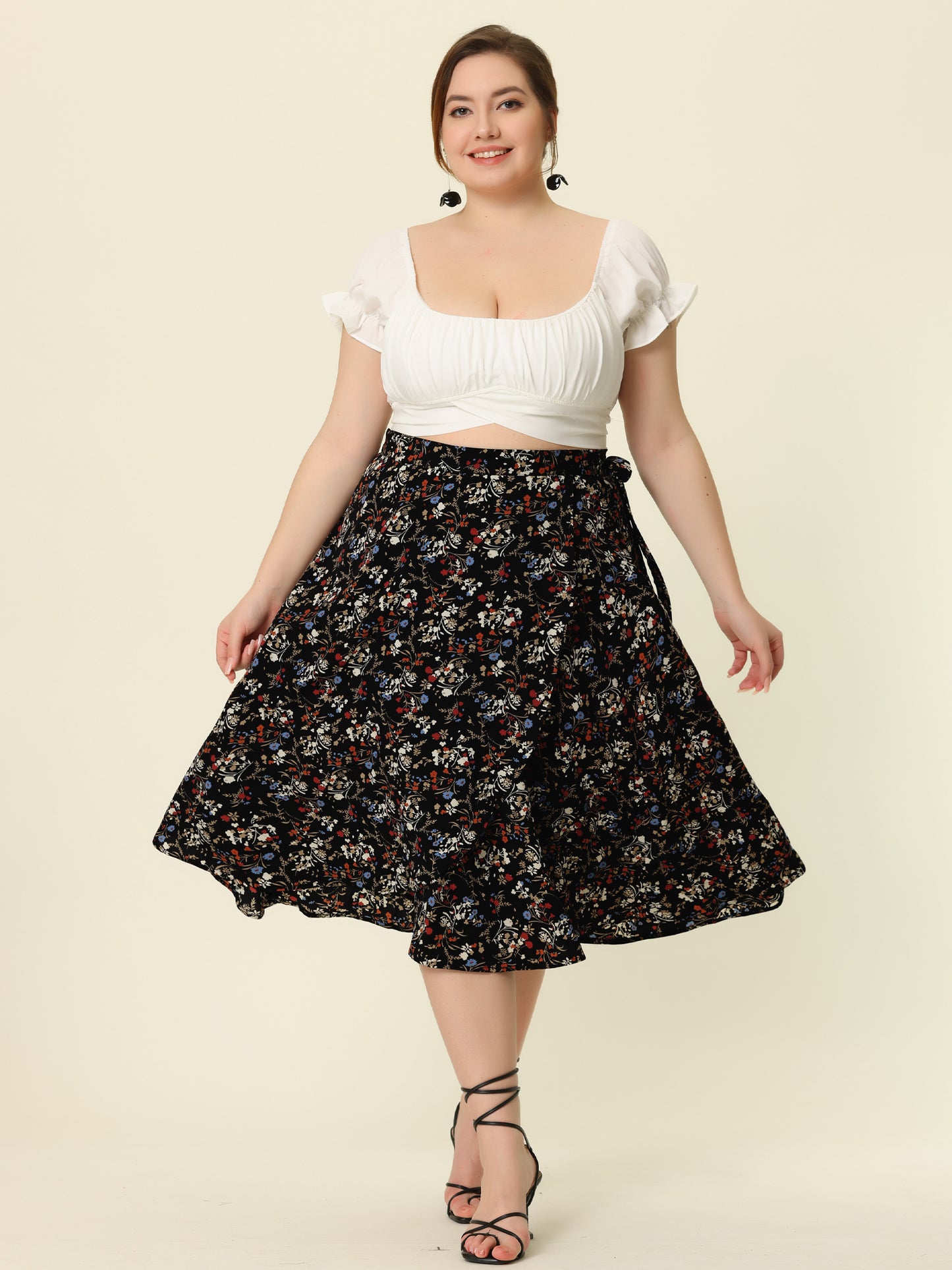 Falda midi de talle alto con volantes y corte en A, estilo bohemio, floral, elegante, para mujer, talla grande