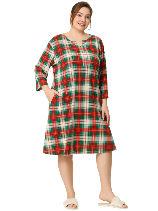 Women Plus Size Nightgown Plaid V Neck Lounge Sleep Dress Nightgowns