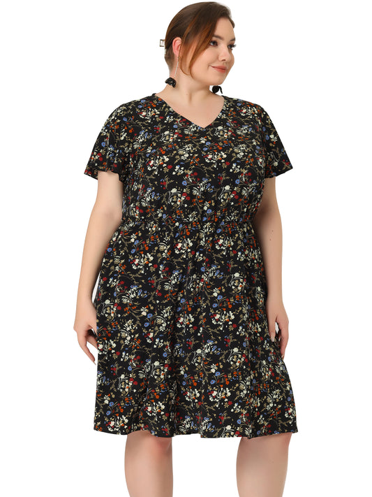 Women Plus Size Summer V Neck Flare Sleeve Sundress Peplum Midi Ruffle Dress