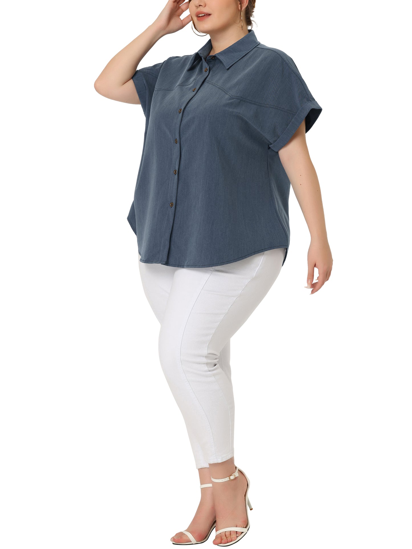 Women Plus Size Chambray Shirt Work Tops Roll Sleeves Buttons Down Shirt