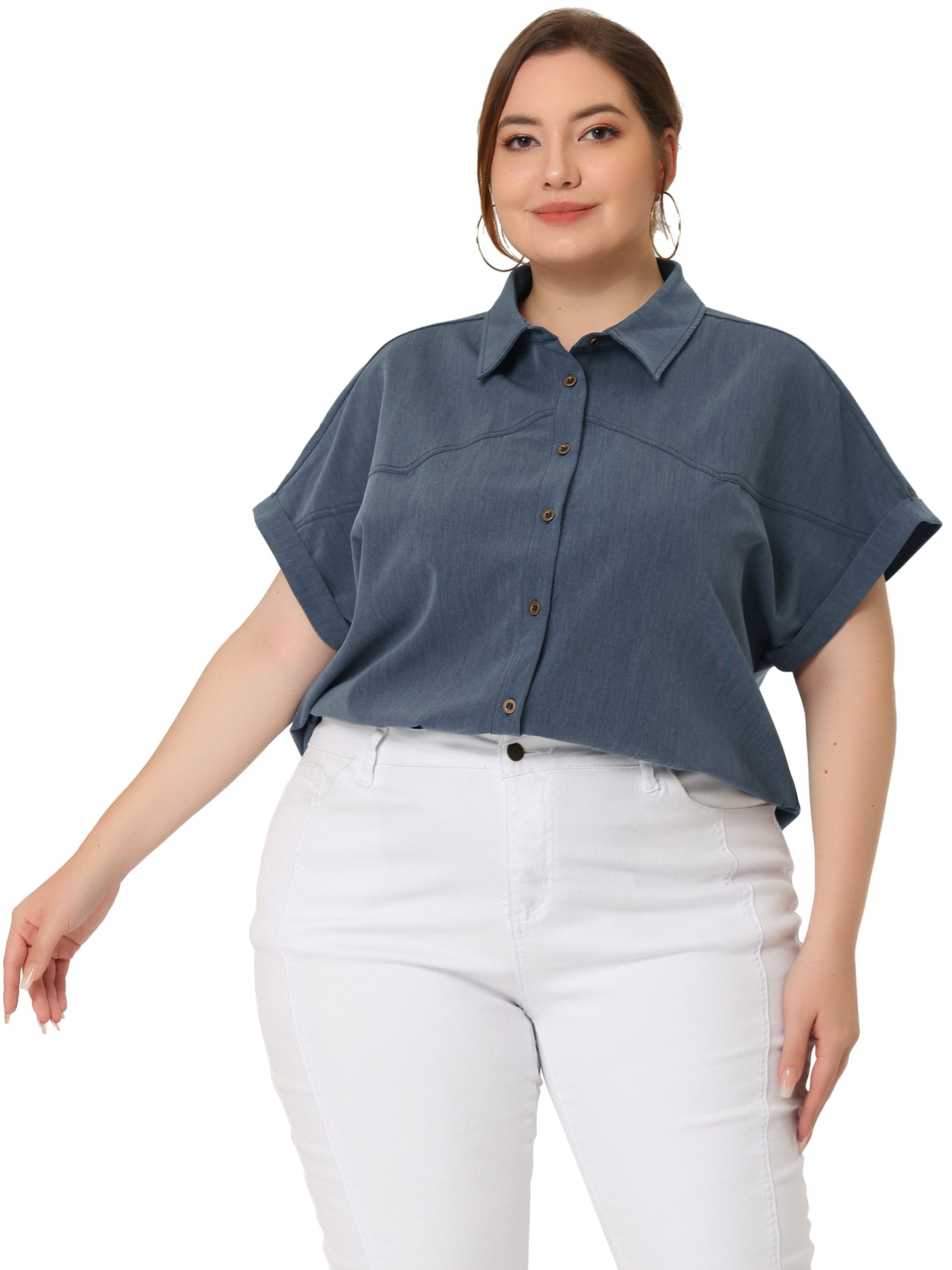 Women Plus Size Chambray Shirt Work Tops Roll Sleeves Buttons Down Shirt