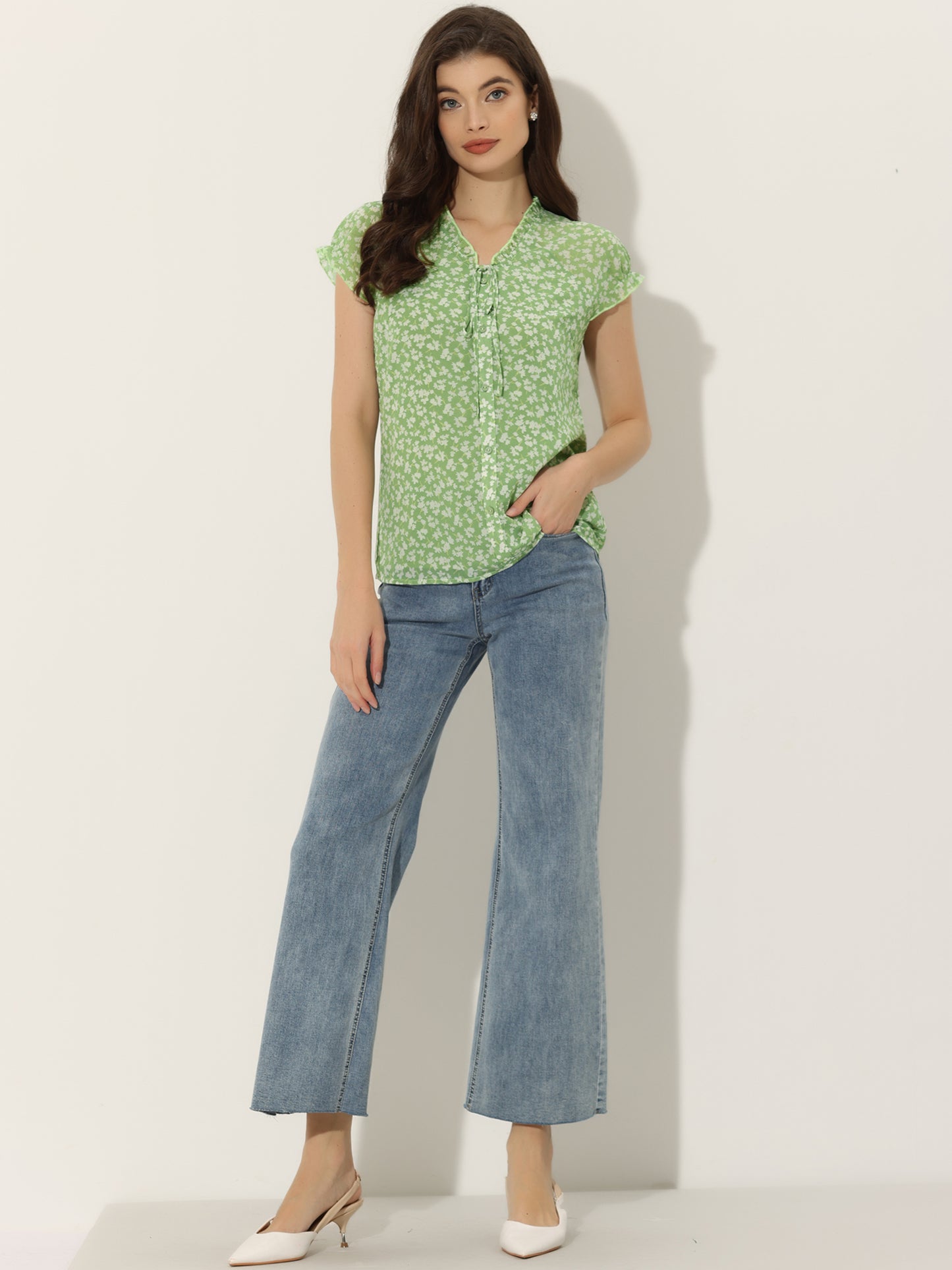 Women's Floral Summer V Neck Short Cap Sleeve Ruffle Chiffon Blouse