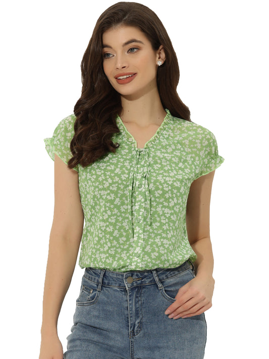 Women's Floral Summer V Neck Short Cap Sleeve Ruffle Chiffon Blouse