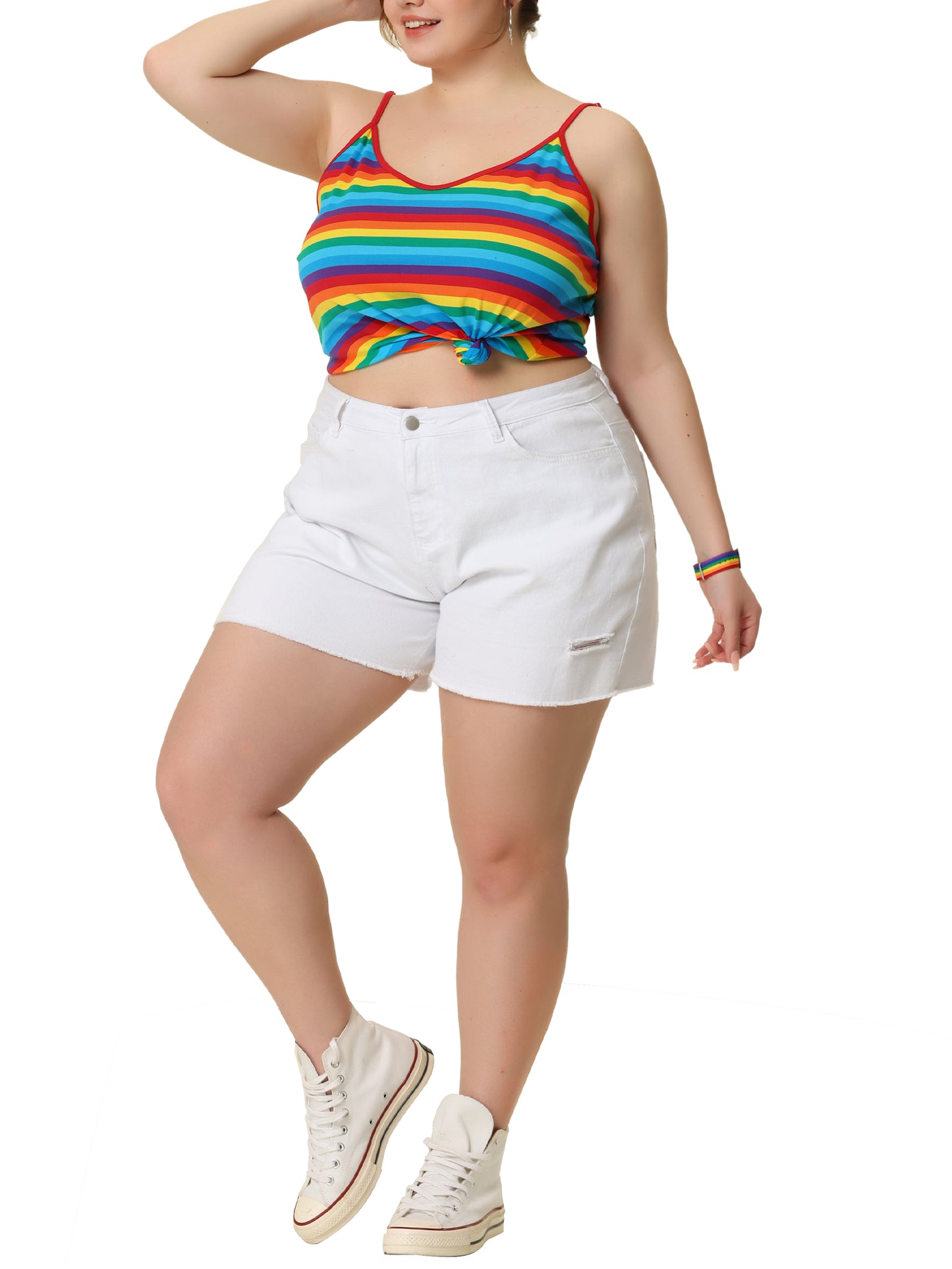 Women Plus Size Rainbow Stripe Cami Sleeveless Stretchy Camisole Summer Top