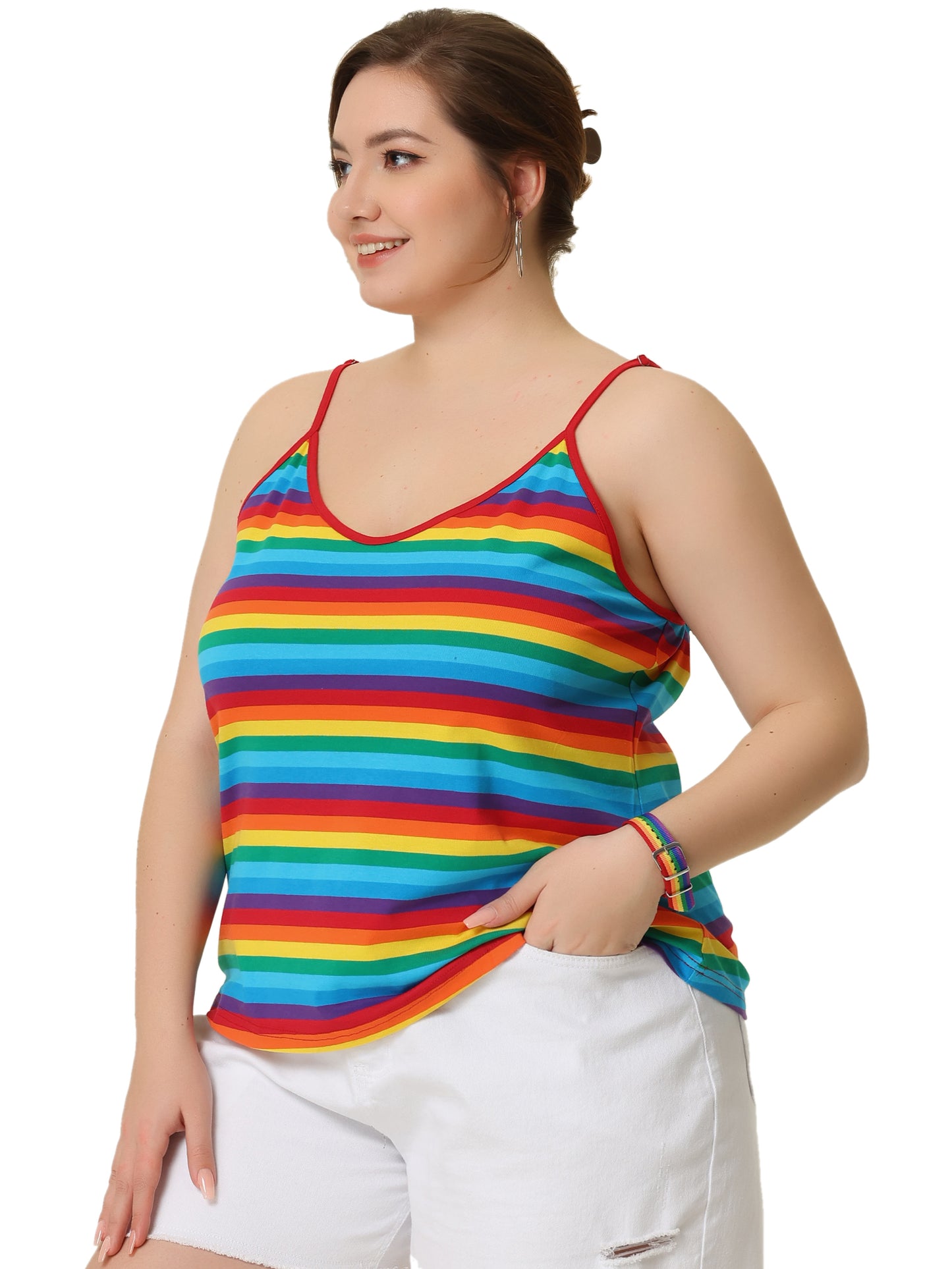 Women Plus Size Rainbow Stripe Cami Sleeveless Stretchy Camisole Summer Top
