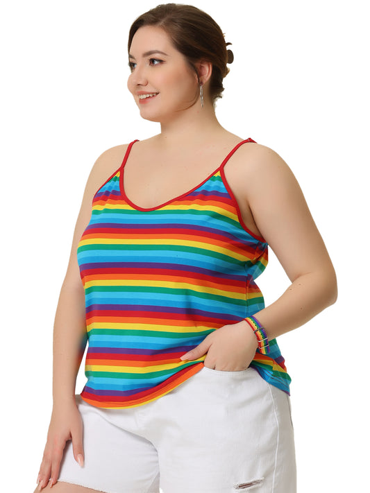 Women Plus Size Rainbow Stripe Cami Sleeveless Stretchy Camisole Summer Top