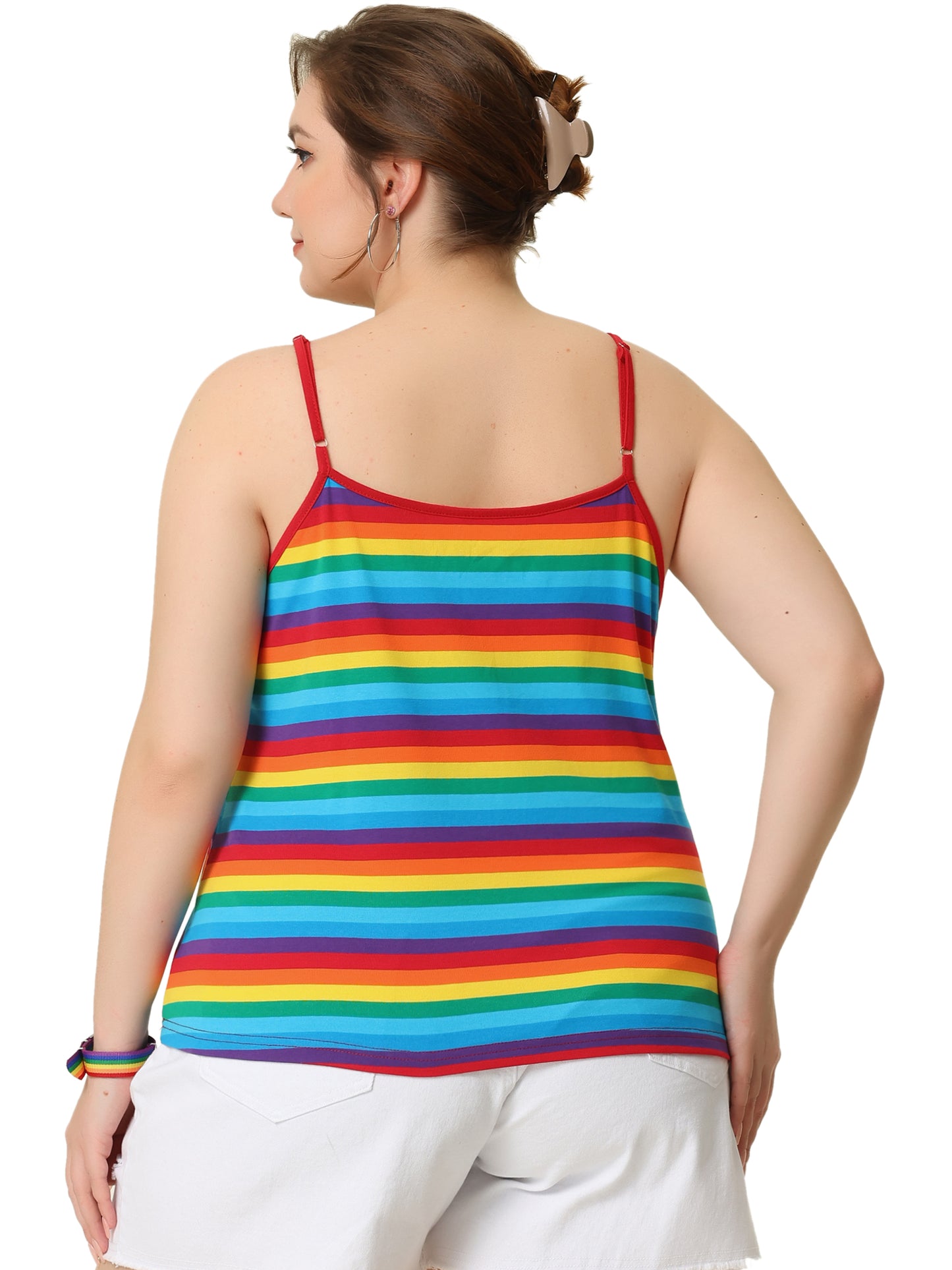 Women Plus Size Rainbow Stripe Cami Sleeveless Stretchy Camisole Summer Top