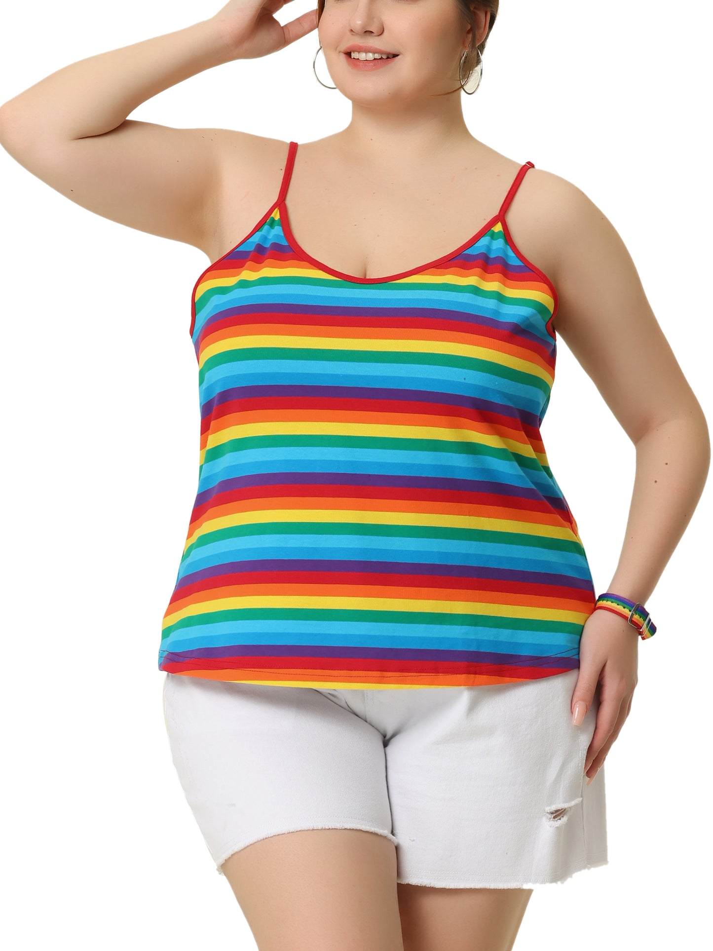 Women Plus Size Rainbow Stripe Cami Sleeveless Stretchy Camisole Summer Top