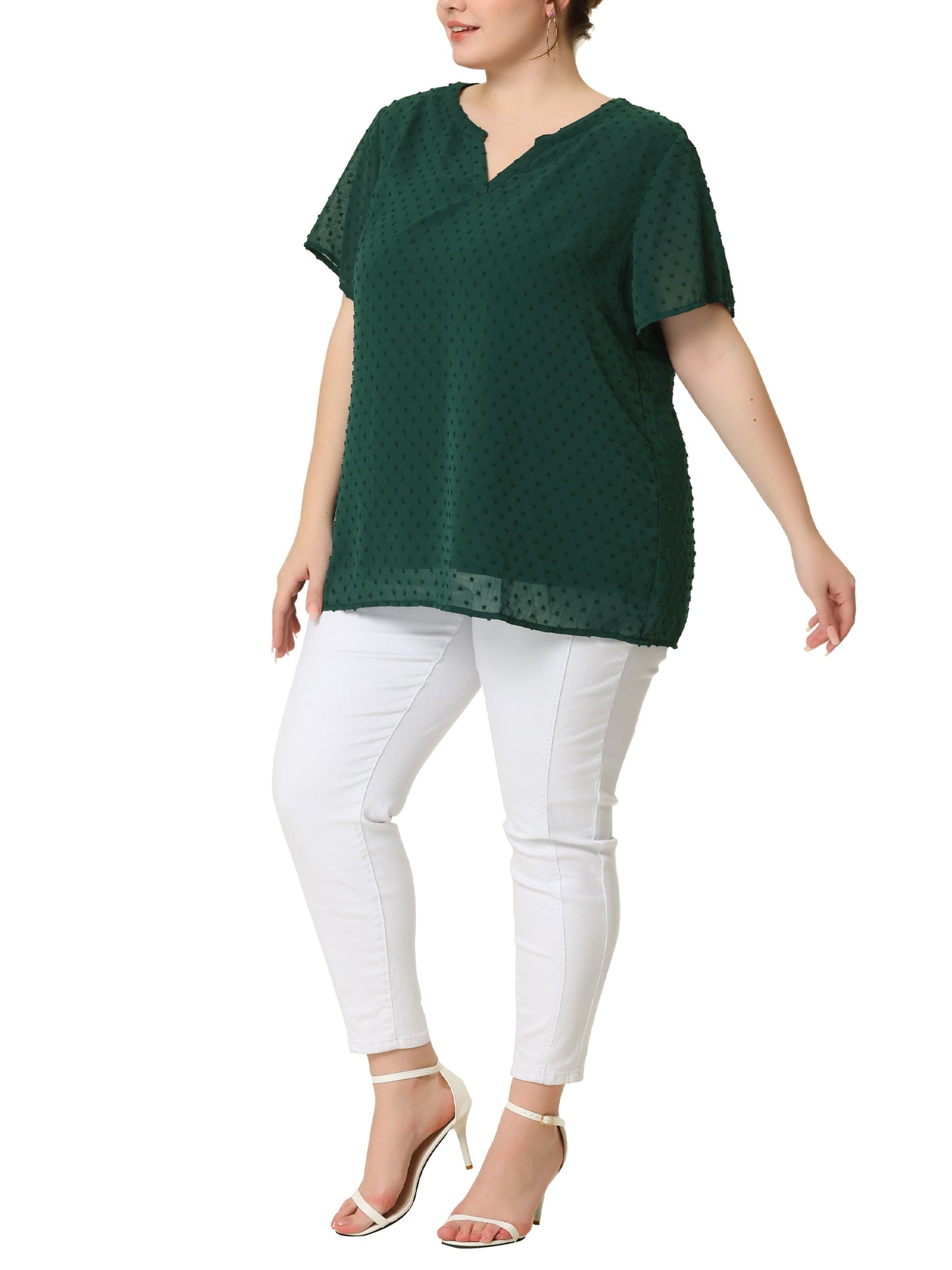 Women Plus Size Summer Top Swiss Dots Notched Neck Short Sleeve Blouse