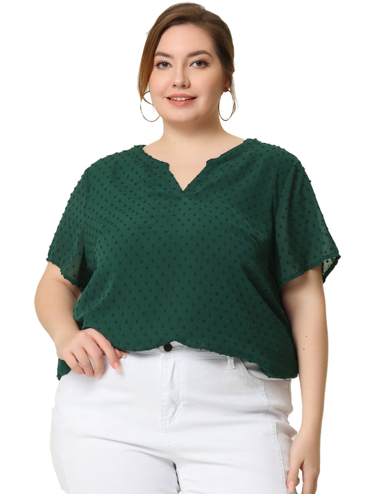 Women Plus Size Summer Top Swiss Dots Notched Neck Short Sleeve Blouse