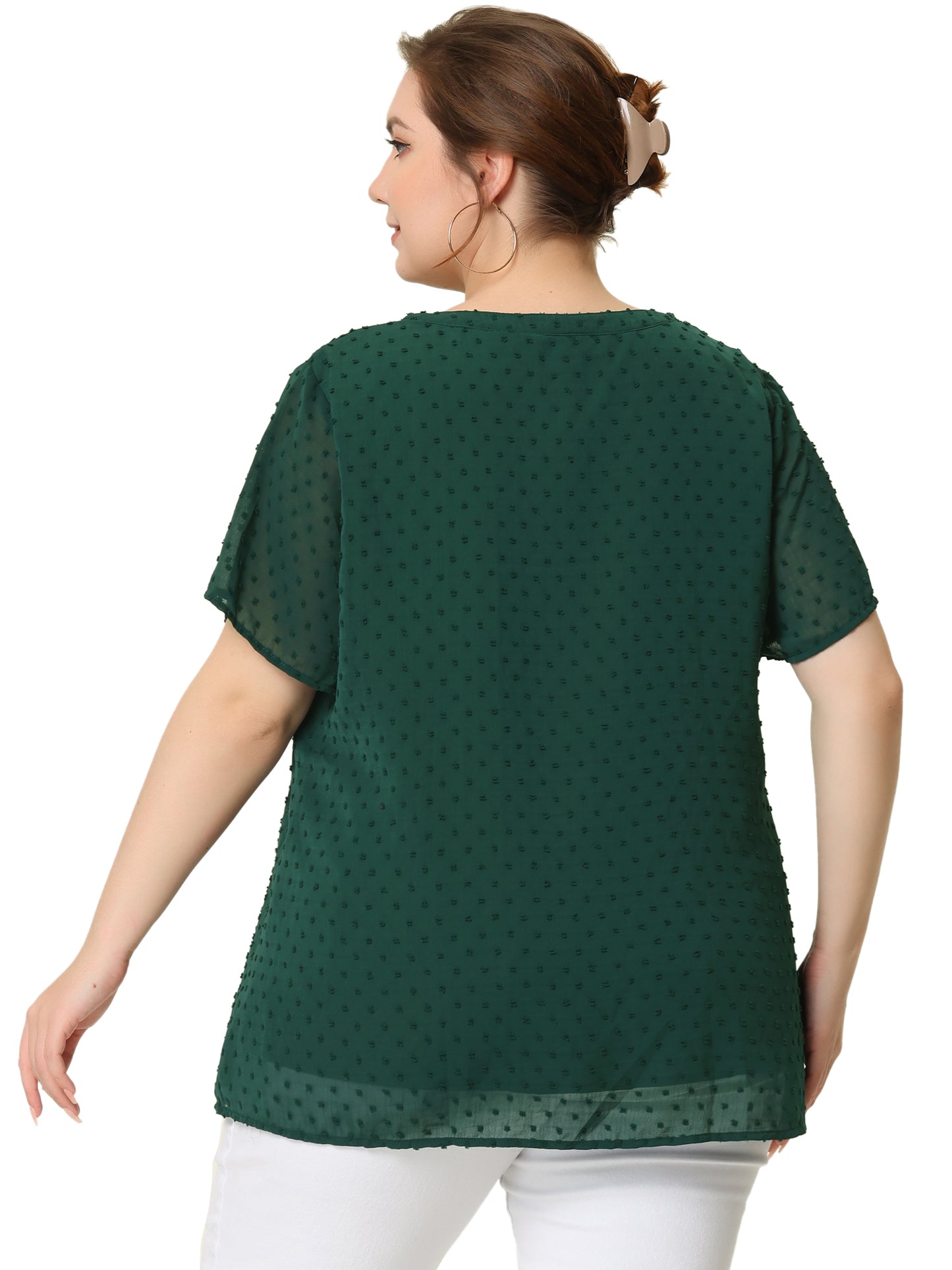 Women Plus Size Summer Top Swiss Dots Notched Neck Short Sleeve Blouse