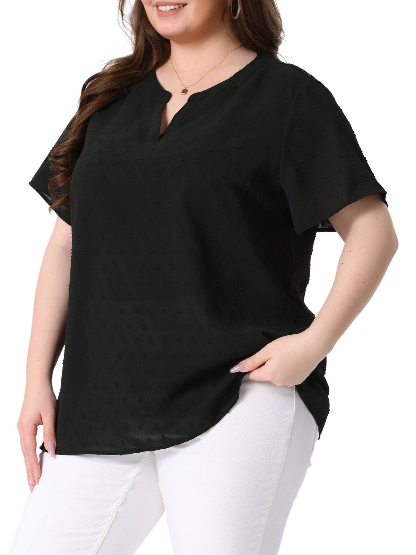 Women Plus Size Summer Top Swiss Dots Notched Neck Short Sleeve Blouse