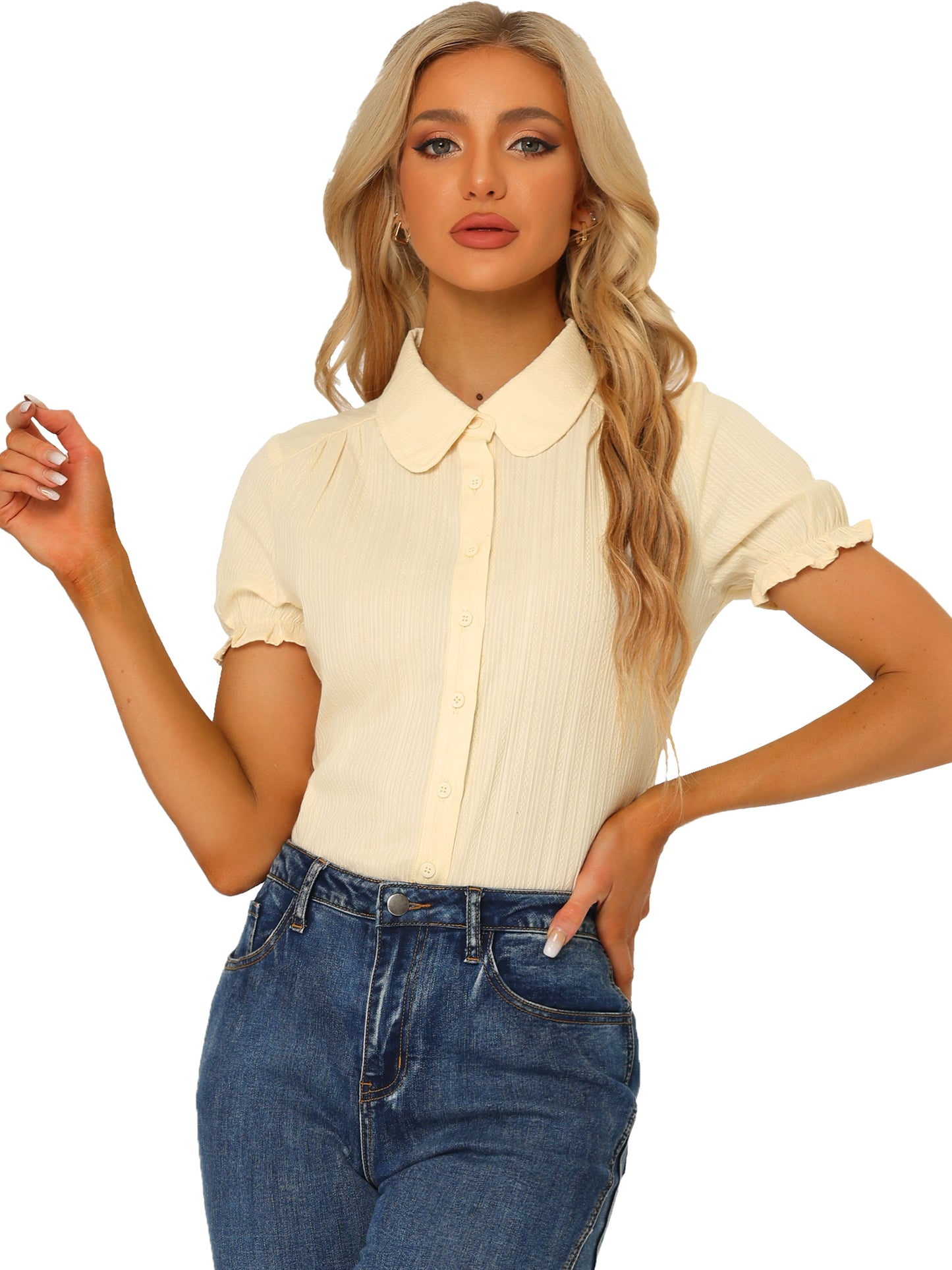Women's Peter Pan Collar Shirt 1950s Vintage Cotton Button Down Blouse