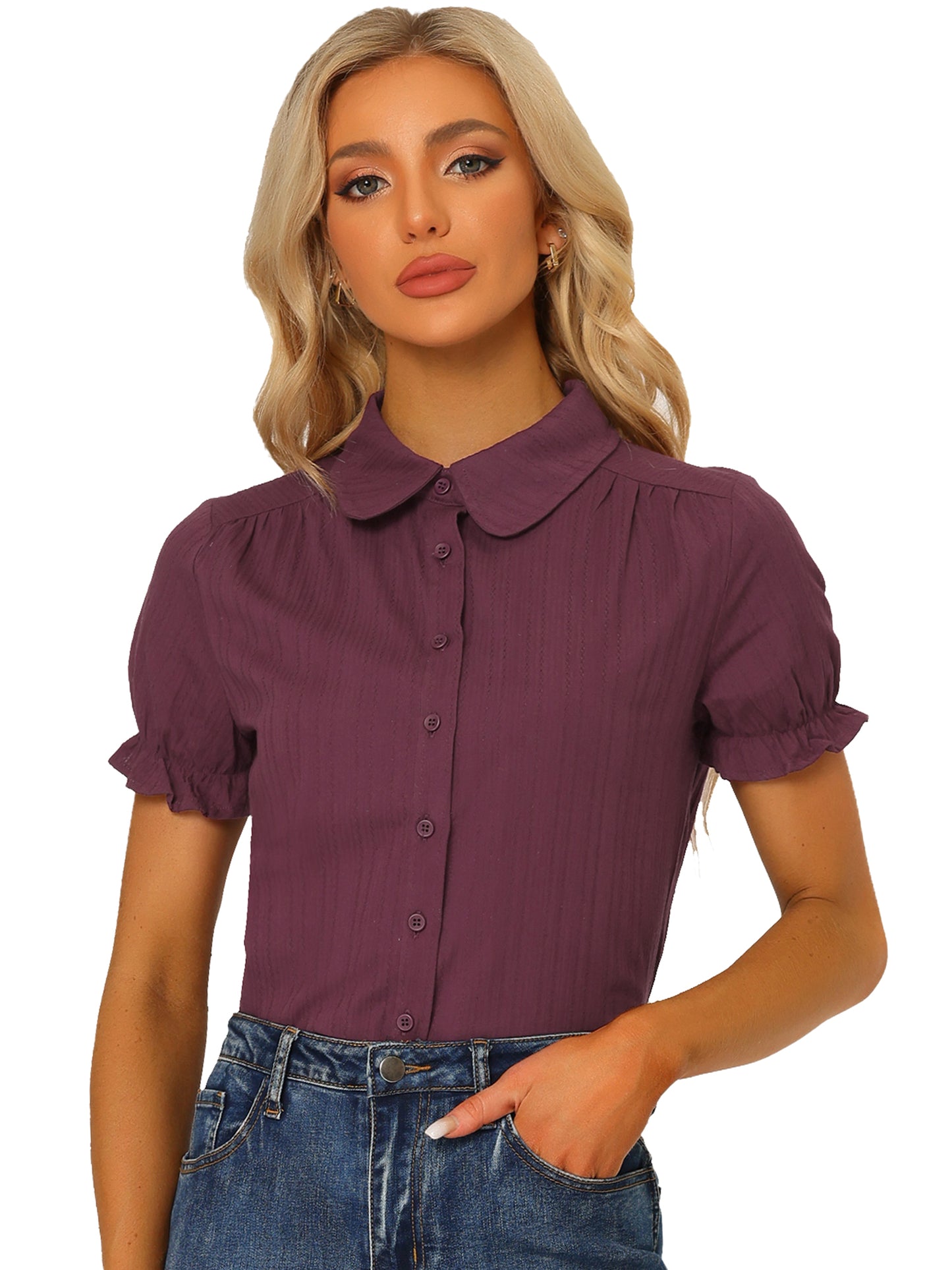 Women's Peter Pan Collar Shirt 1950s Vintage Cotton Button Down Blouse