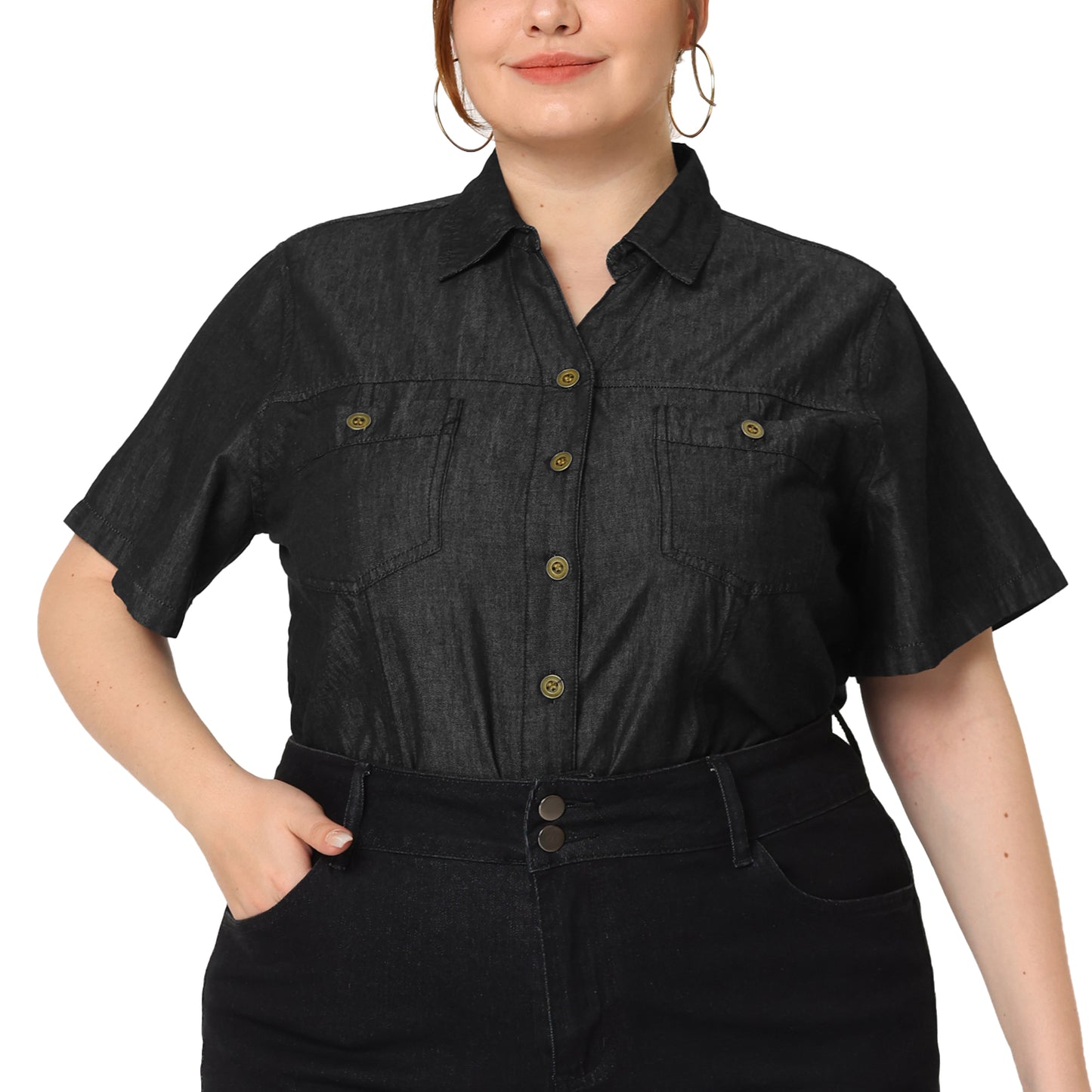 Women Plus Size Denim Shirts Short Sleeve Chambray Button Down Casual Shirt