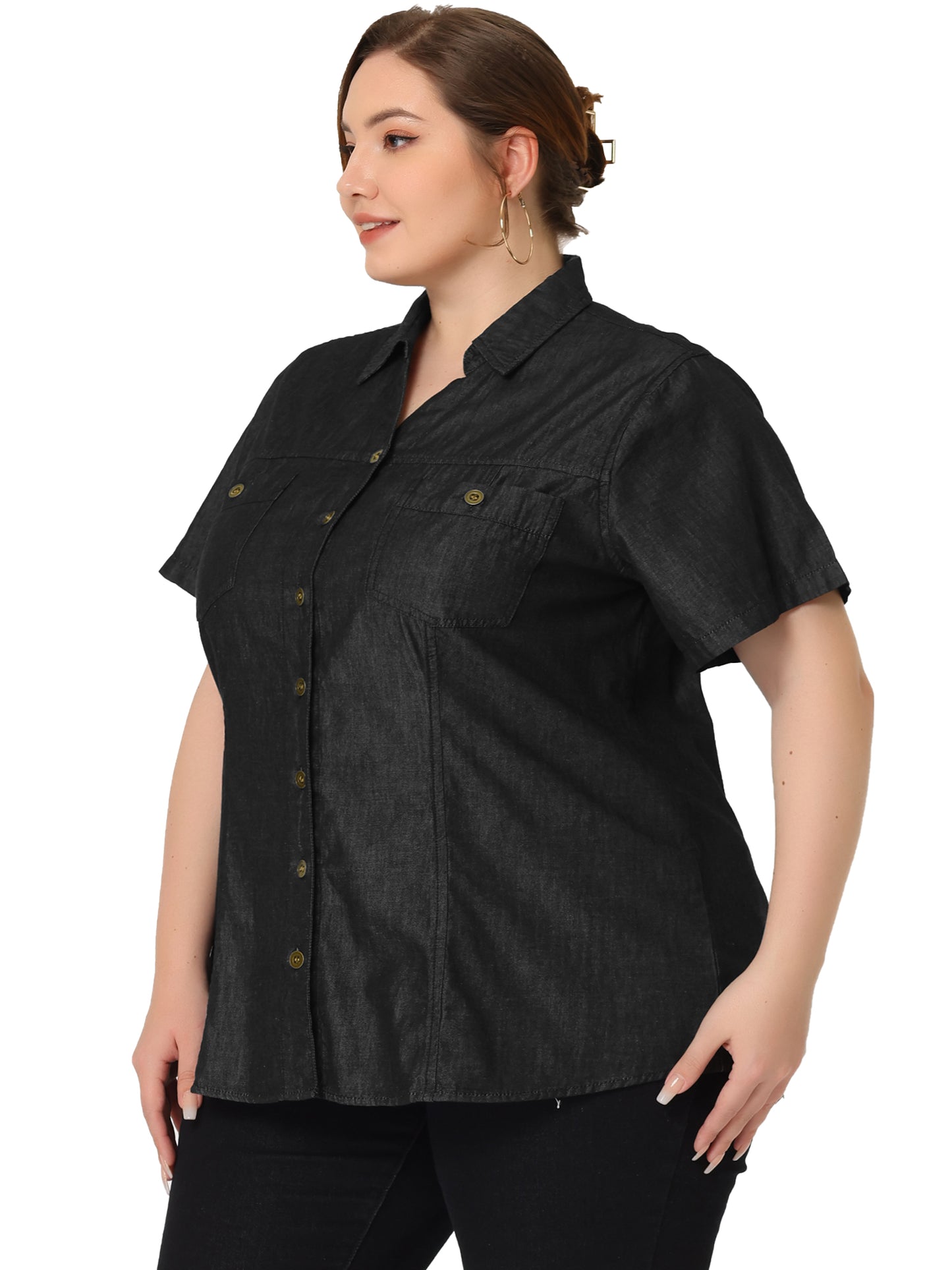 Women Plus Size Denim Shirts Short Sleeve Chambray Button Down Casual Shirt