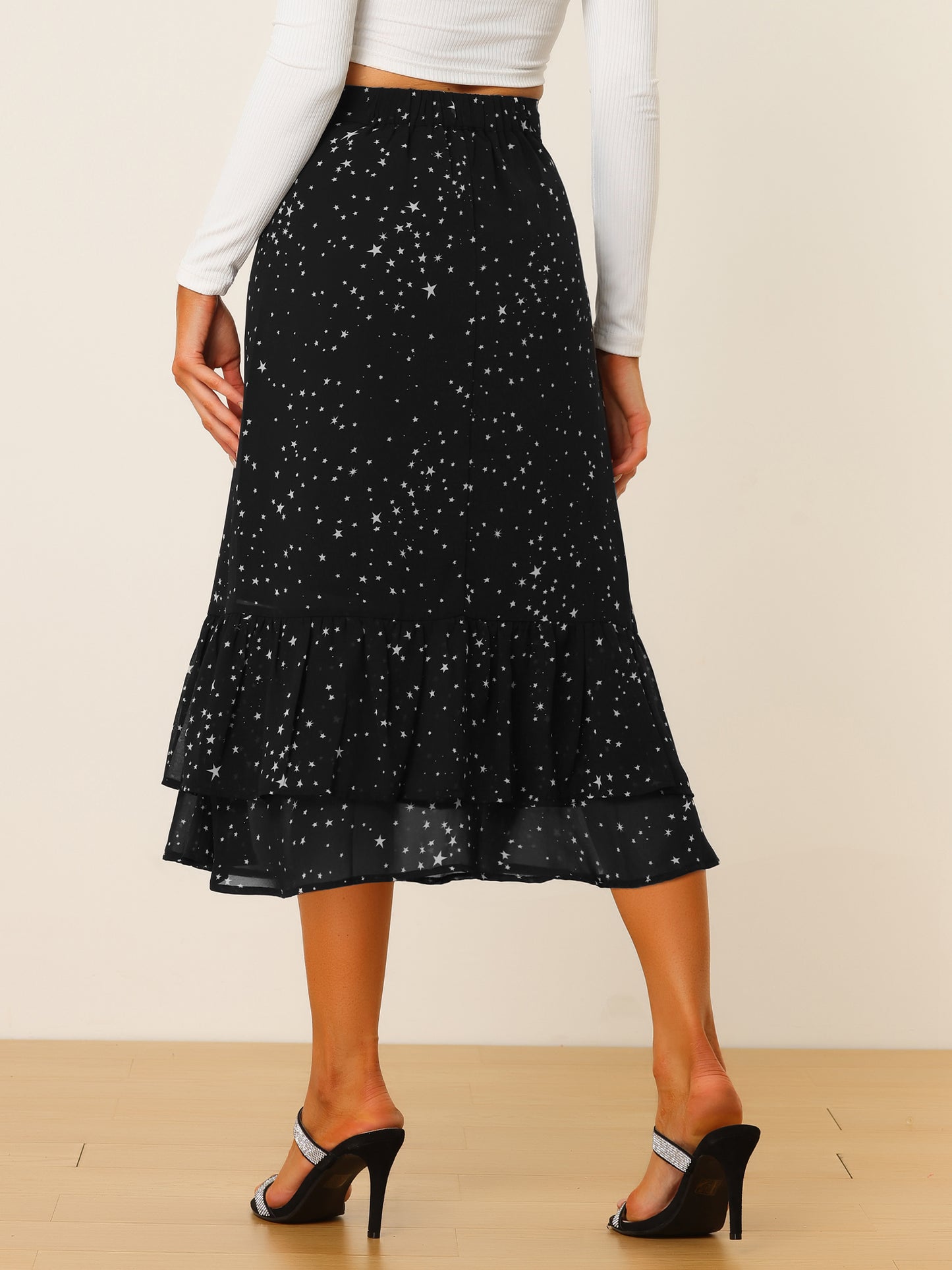 Falda midi holgada de gasa con volantes y estampado de verano para mujer