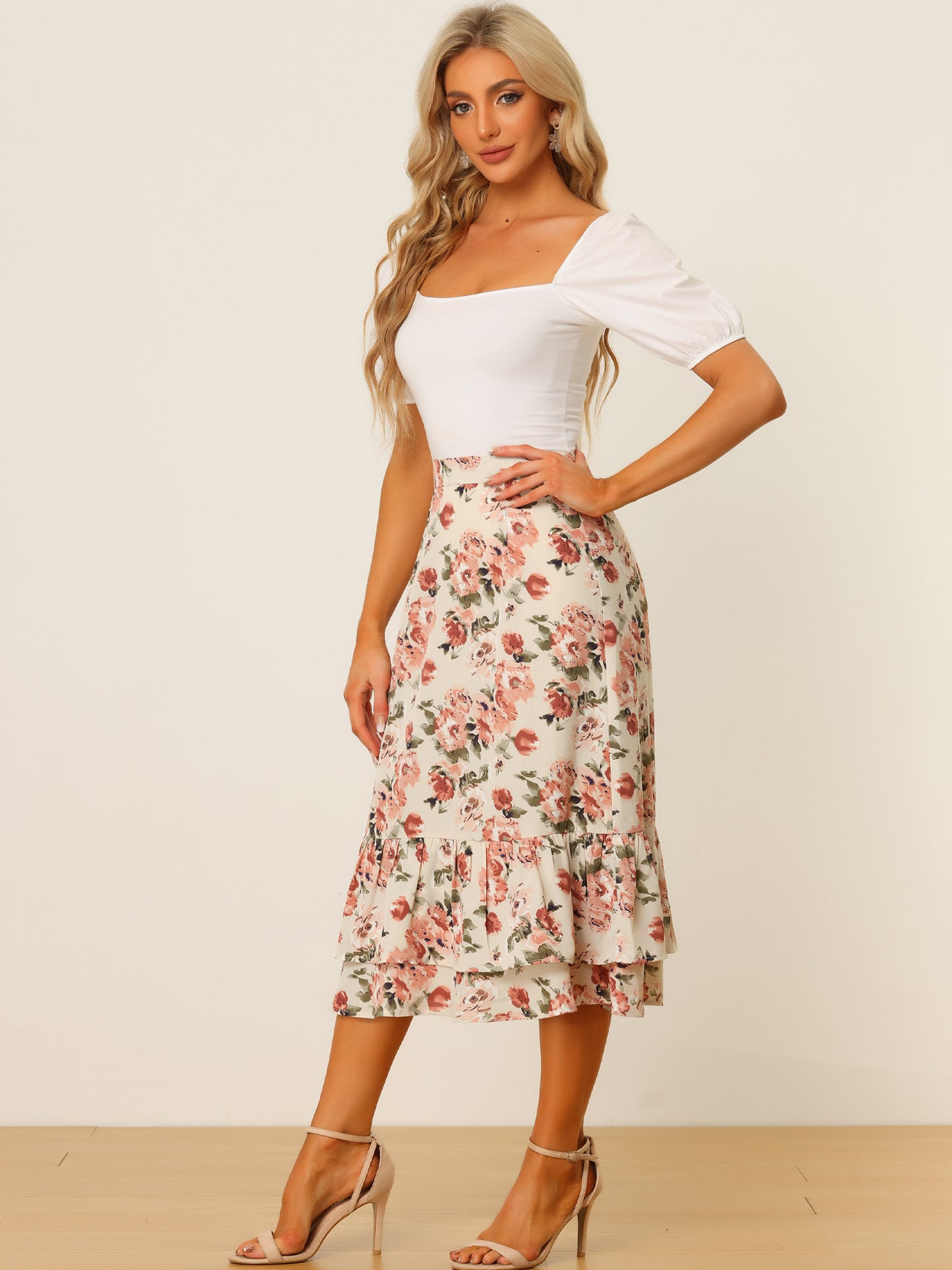 Women's Printed Skirt Summer Chiffon Ruffle Tiered Flowy Midi Skirt