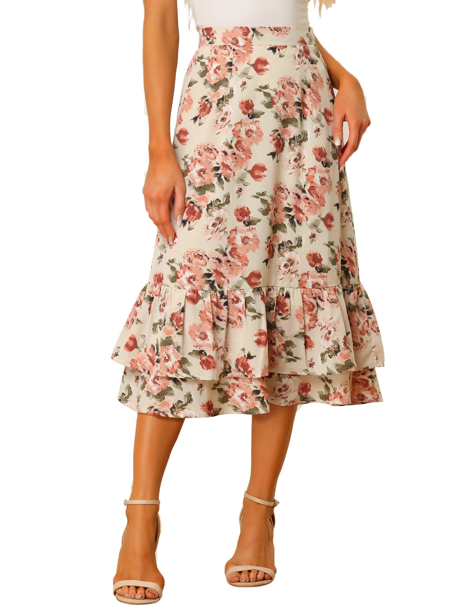 Women's Printed Skirt Summer Chiffon Ruffle Tiered Flowy Midi Skirt