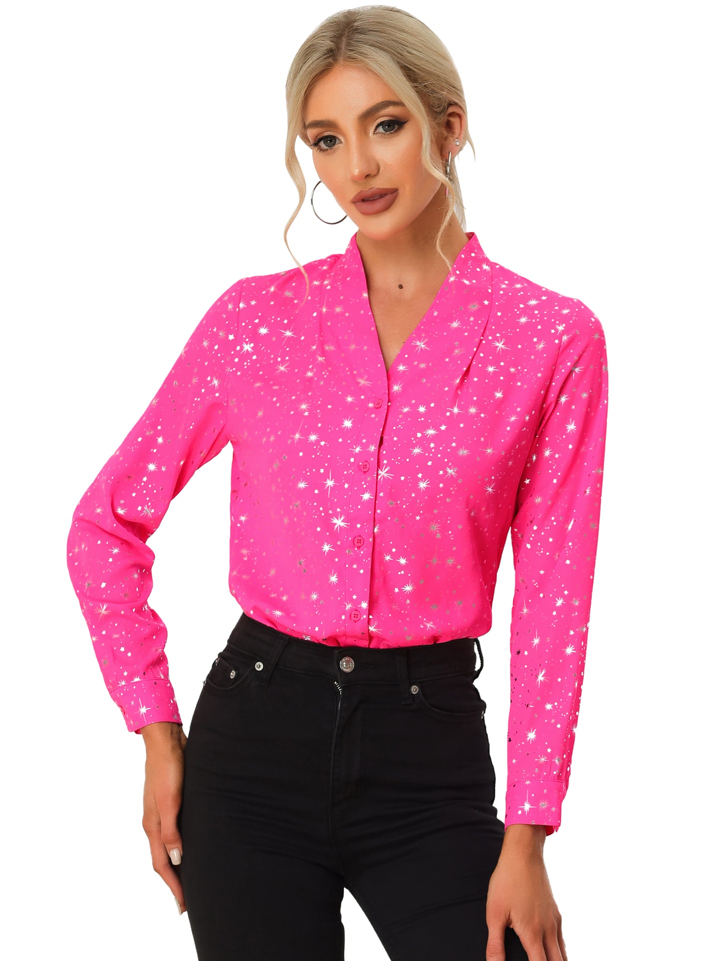 Women's Metallic Patterned V Neck Long Sleeve Gilding Sparkly Shirt (Available in Plus Size)