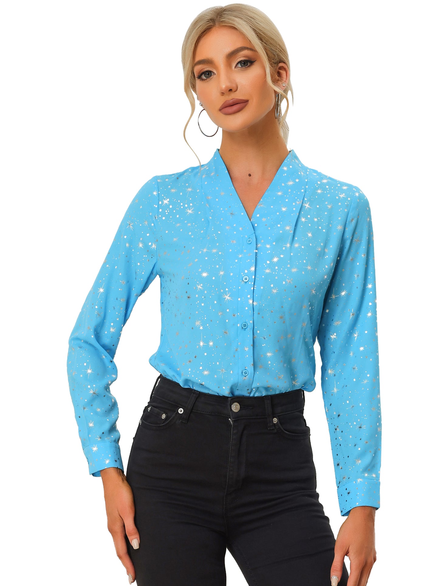 Women's Metallic Patterned V Neck Long Sleeve Gilding Sparkly Shirt (Available in Plus Size)