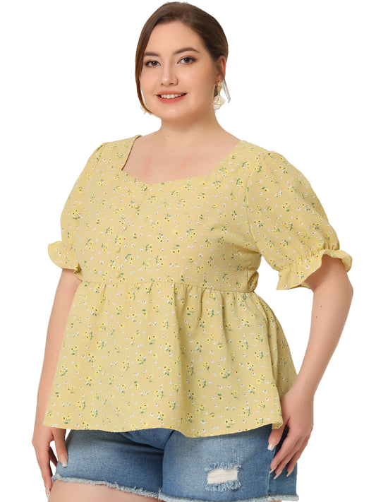 Women Plus Size Blouse Sweetheart Neck Floral Peplum Top