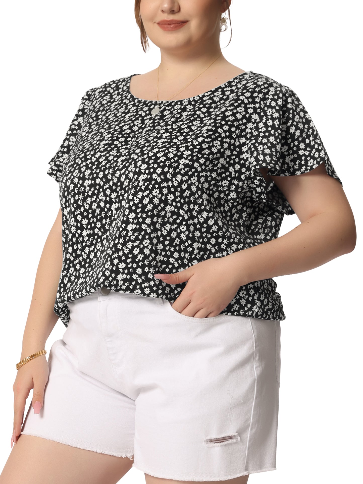 Women Plus Size Blouse Flare Sleeve Floral Print Peplum Top