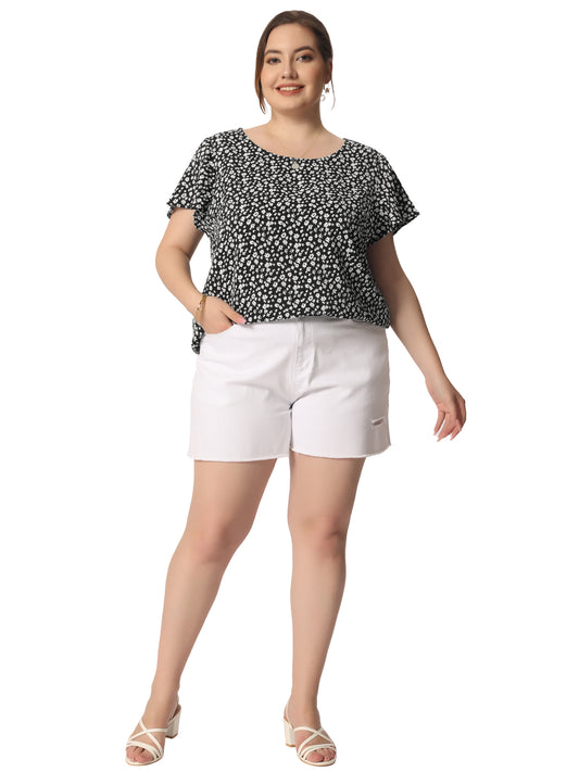 Women Plus Size Blouse Flare Sleeve Floral Print Peplum Top
