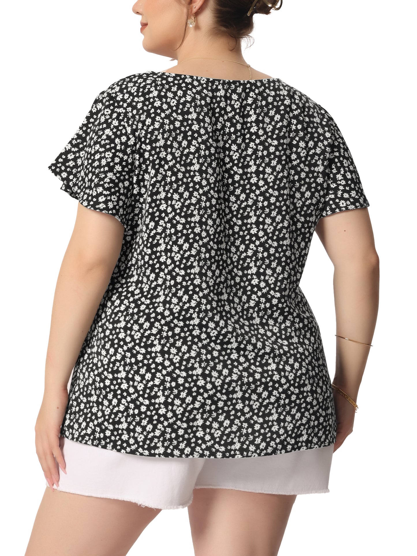 Women Plus Size Blouse Flare Sleeve Floral Print Peplum Top