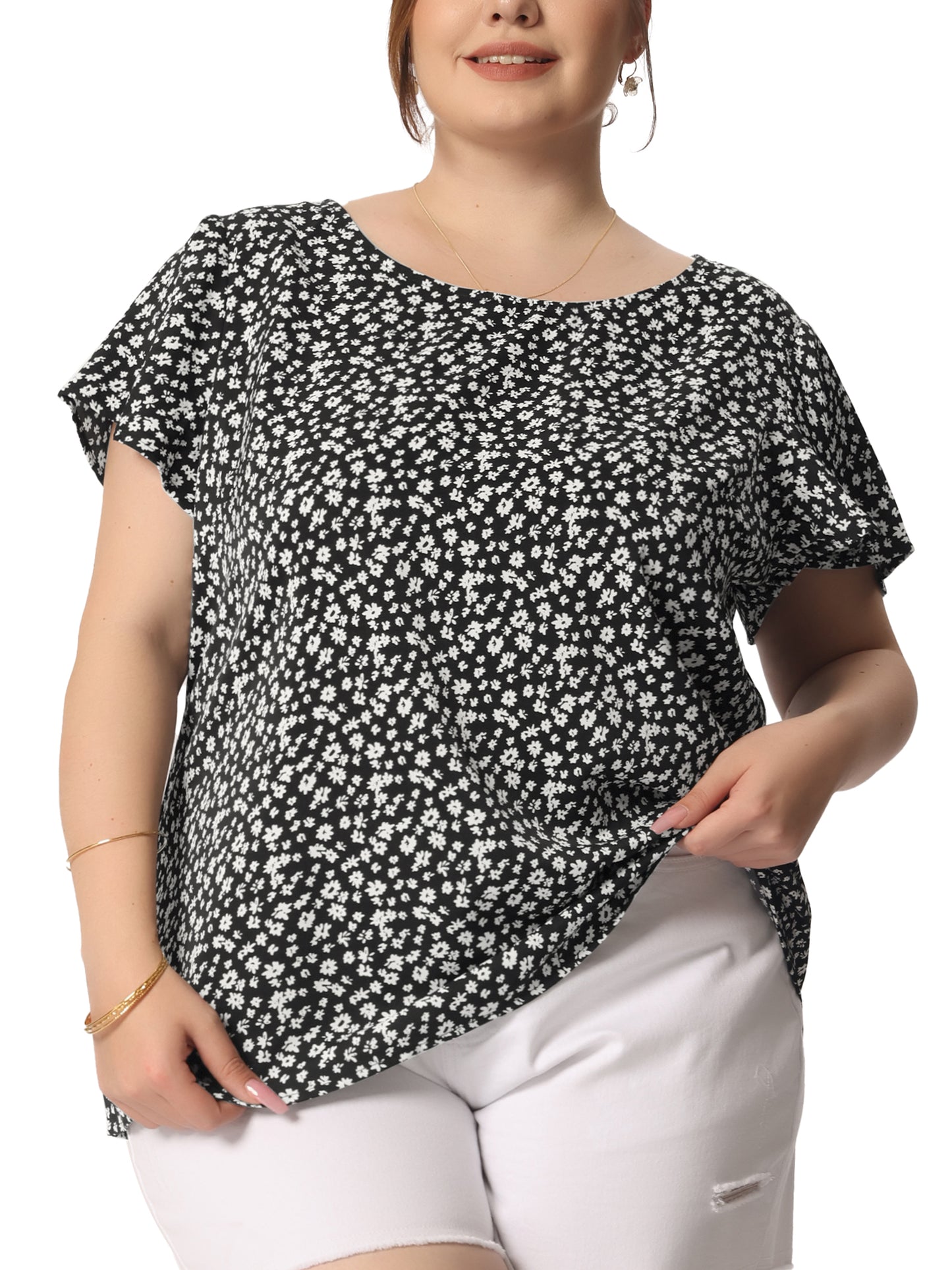 Women Plus Size Blouse Flare Sleeve Floral Print Peplum Top