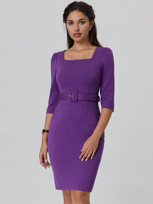 Women's Square Neck Work Dress Vintage Bodycon Pencil Sheath Dresses