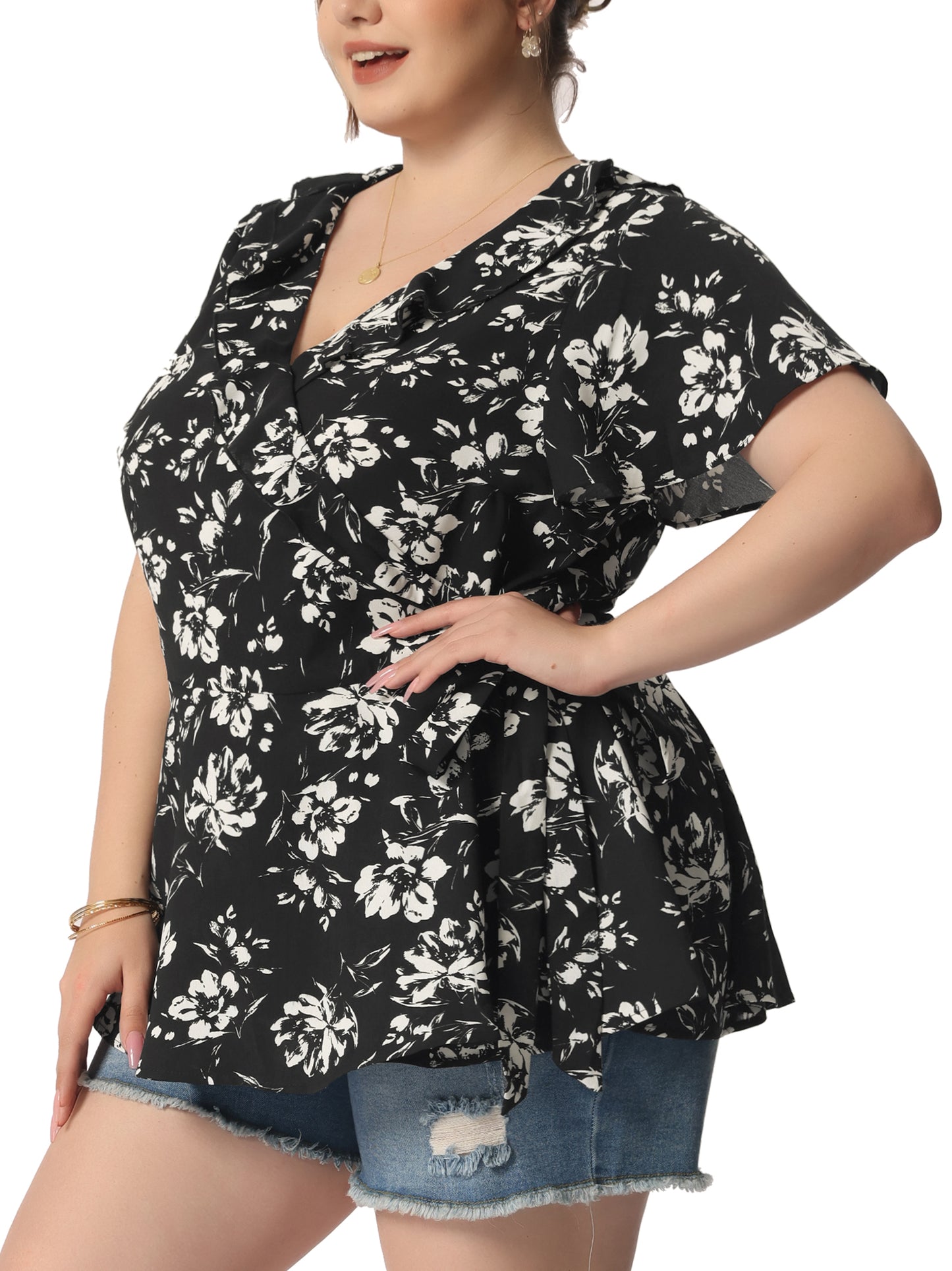 Women Plus Size Wrap V Neck Tie Waist Ruffle Sleeve Blouse Summer Floral Top