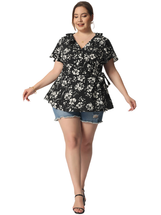 Women Plus Size Wrap V Neck Tie Waist Ruffle Sleeve Blouse Summer Floral Top