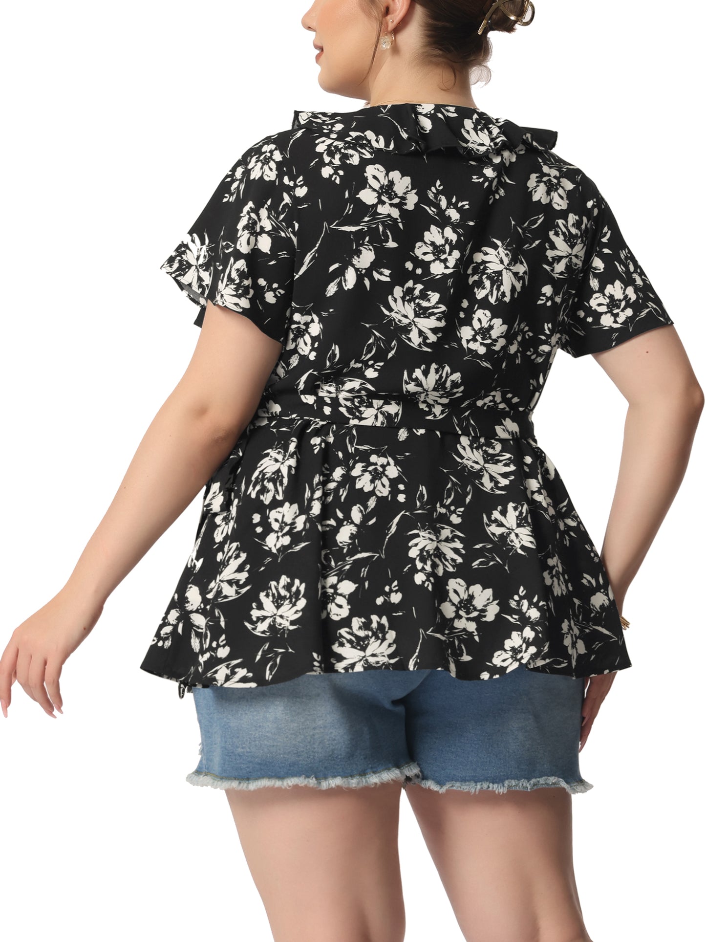 Women Plus Size Wrap V Neck Tie Waist Ruffle Sleeve Blouse Summer Floral Top