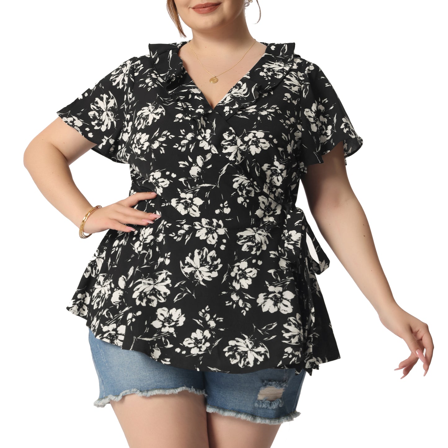 Women Plus Size Wrap V Neck Tie Waist Ruffle Sleeve Blouse Summer Floral Top