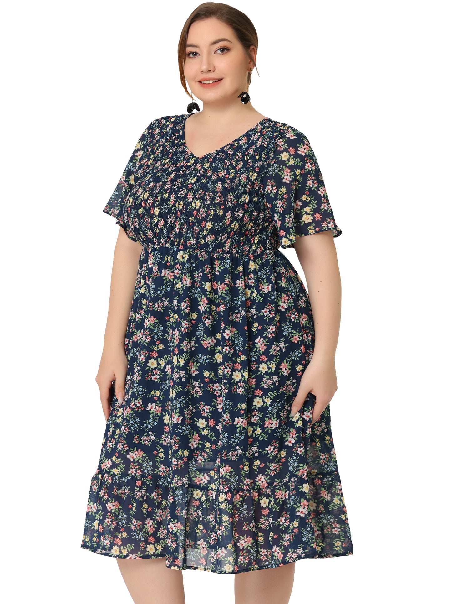 Women's Plus Size Dresses Flare Smock Ruffle Chiffon Floral Midi Dress